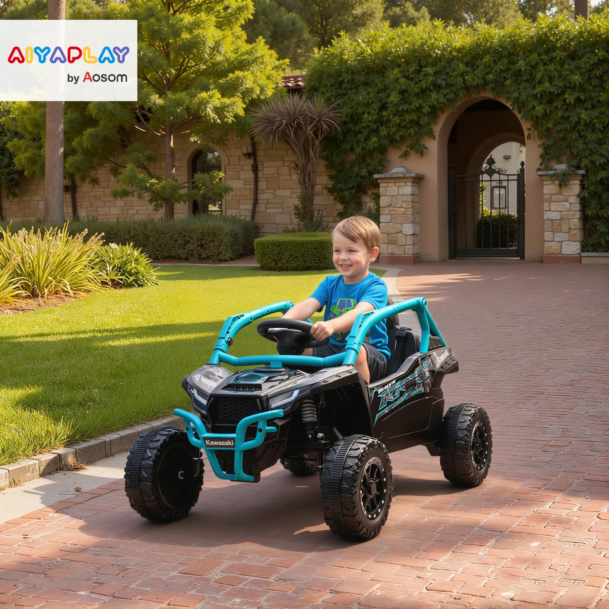 AIYAPLAY Coche Eléctrico para Niños 12V Kawasaki Teryx KRX 1000 UTV con 2 Motores Control Remoto 2,4G Azul