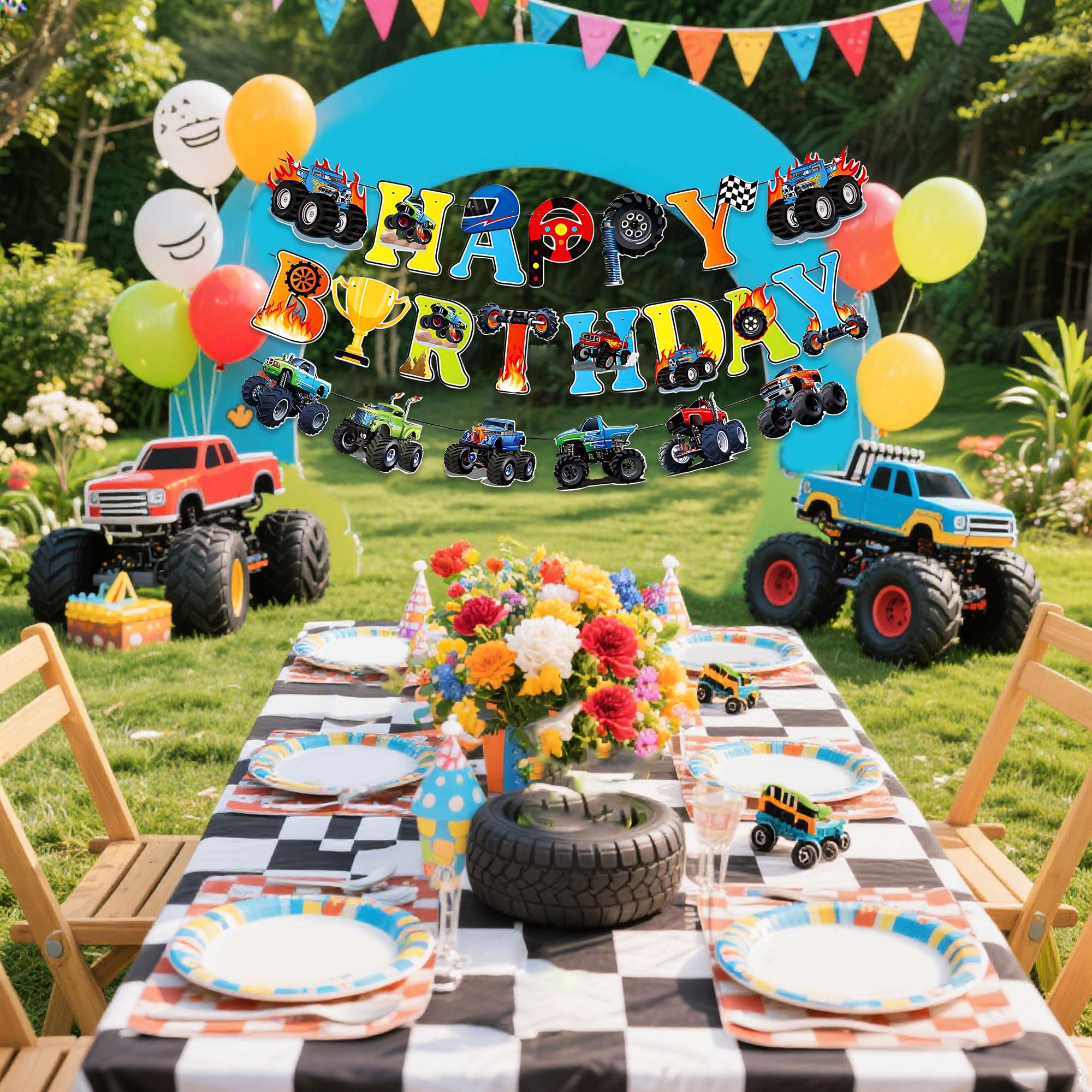 Monster Truck Birthday Banner Fire Cars Trucks Birthday Sign with Garland Race Car Theme Party Supplies - Image 3