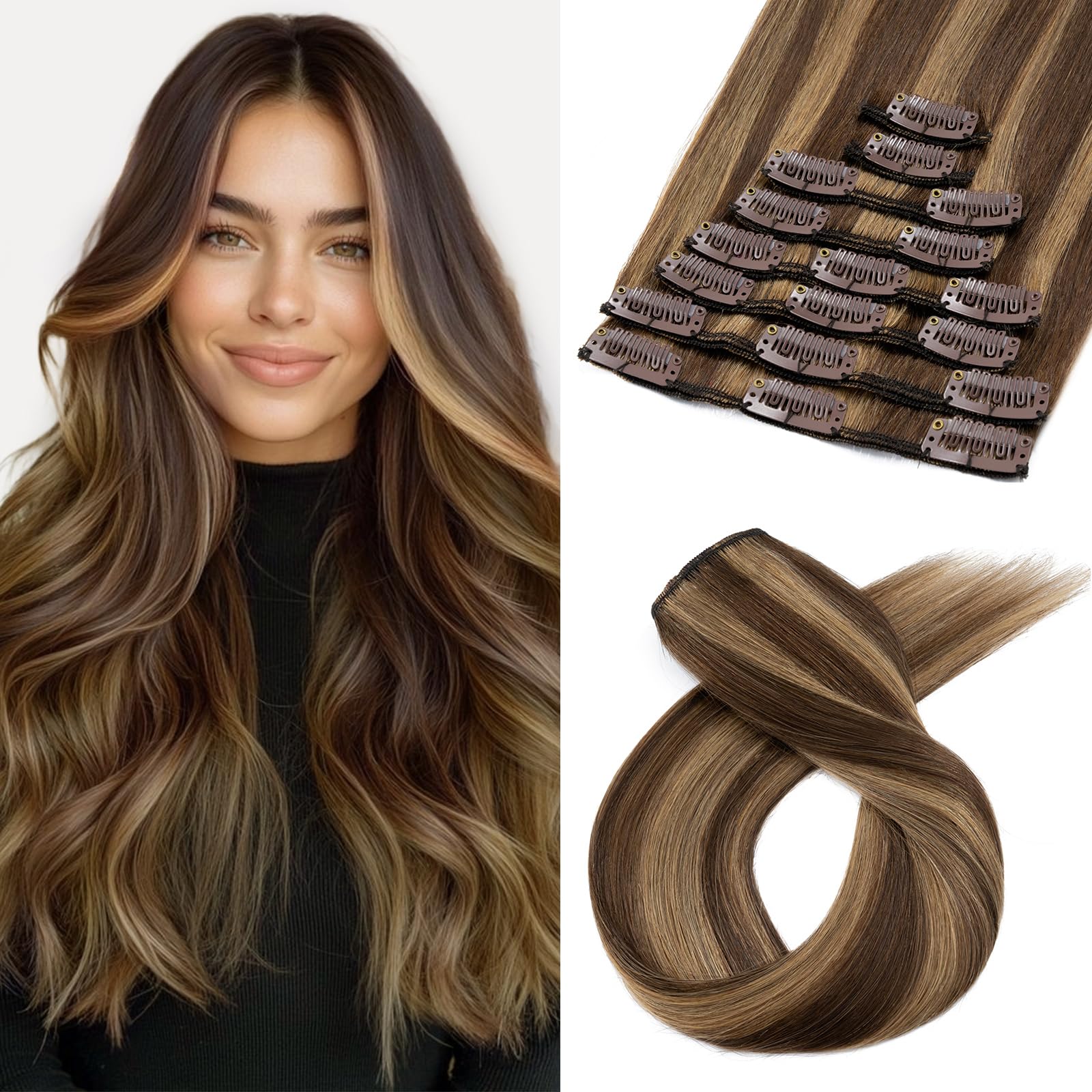Benehair Real Hair Extensions Clip in Remy Straight #4/27 Medium Brown Mix Dark Blonde Human Hair Clip in Extensions 8 Pcs Set including 18 Clips Silky Natural for Women Girls Daily Wear 20 Inch (70 g)
