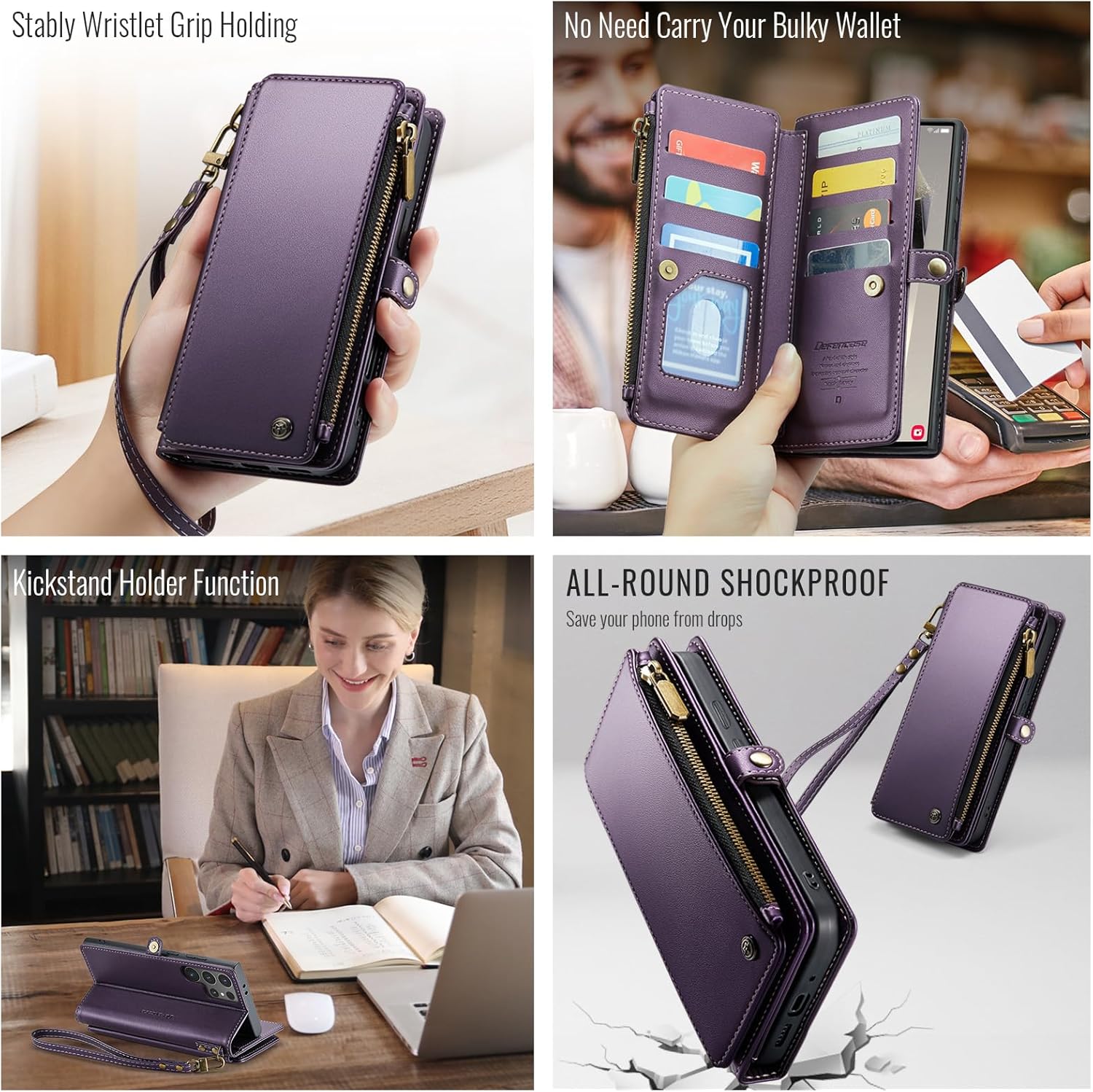 Defencase Compatible with Samsung Galaxy S24 Ultra Case Wallet with RFID Blocking Card Holder for Women Men, PU Leather Magnetic Snap Flip Zipper Strap Phone Case Fit for Galaxy S24 Ultra 5G, Purple - Image 4