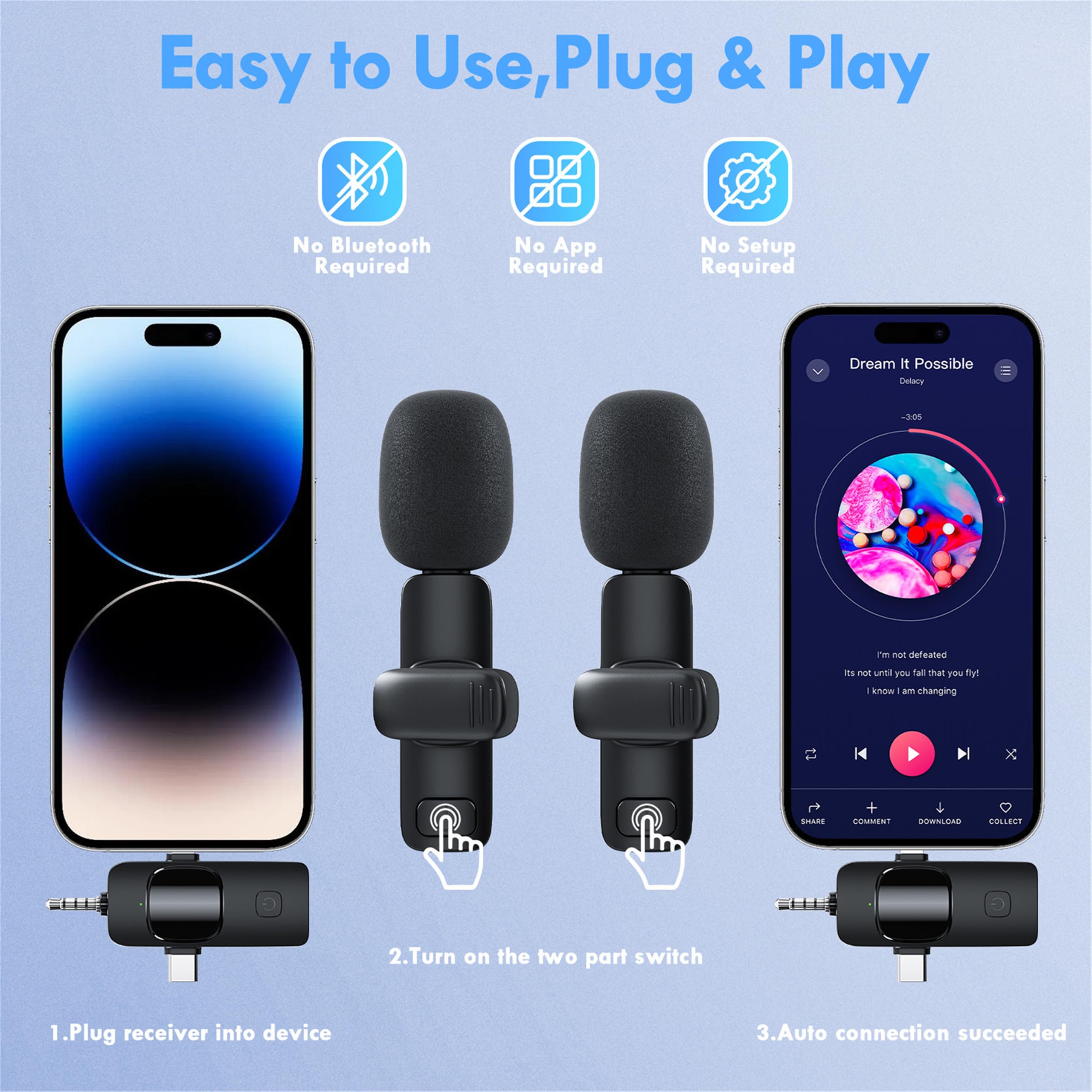 3 in 1 Wireless Lavalier Microphone for iPhone Android Camera USB-C - Image 3