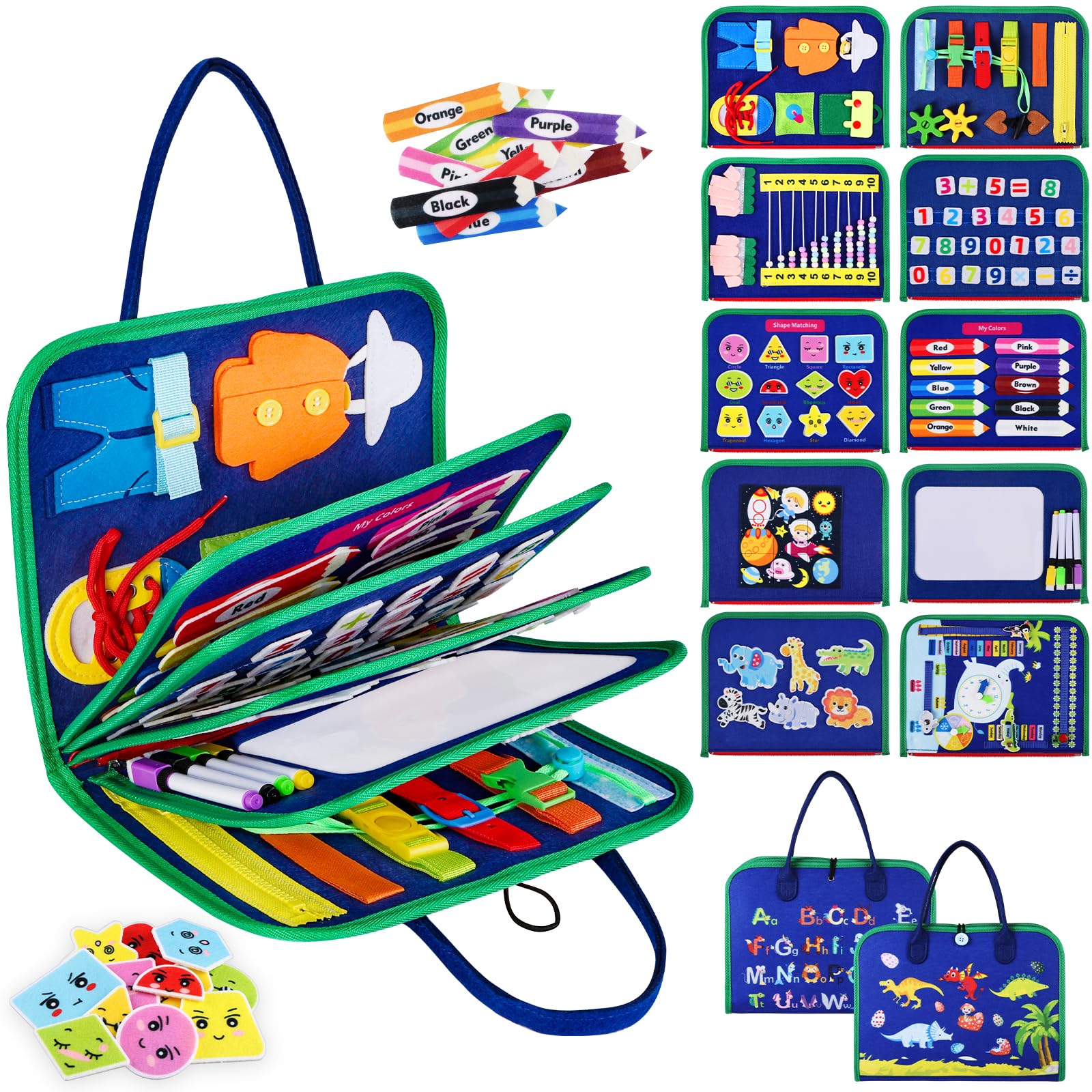 Busy Board Montessori zabawka edukacyjna dla dzieci 1, 2, 3, 4 lata, 10 w 1, zabawki edukacyjne, zabawki rozwojowe, zabawki podróżne dla dzieci, prezent dla chłopca, dziewczynki, niebieska