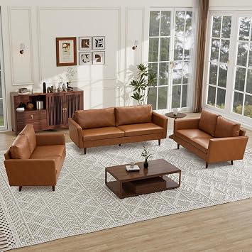 Tbfit Faux Leather Upholstered Sofa Set, Mid Century Modern Deep Seat Couch with Rolled Arms, Easy to Assemble for Living Room Apartment Small Space, Brown
