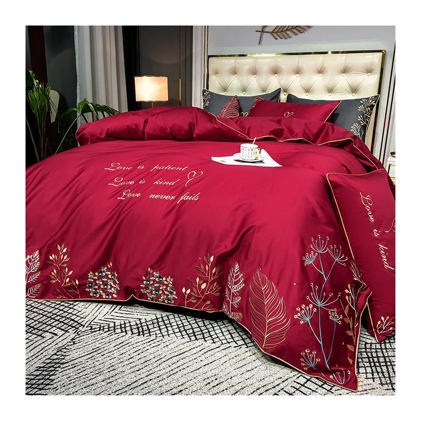 Parure de lit en coton housse de couette 200x230 drap housse satiné rouge 4 pièces