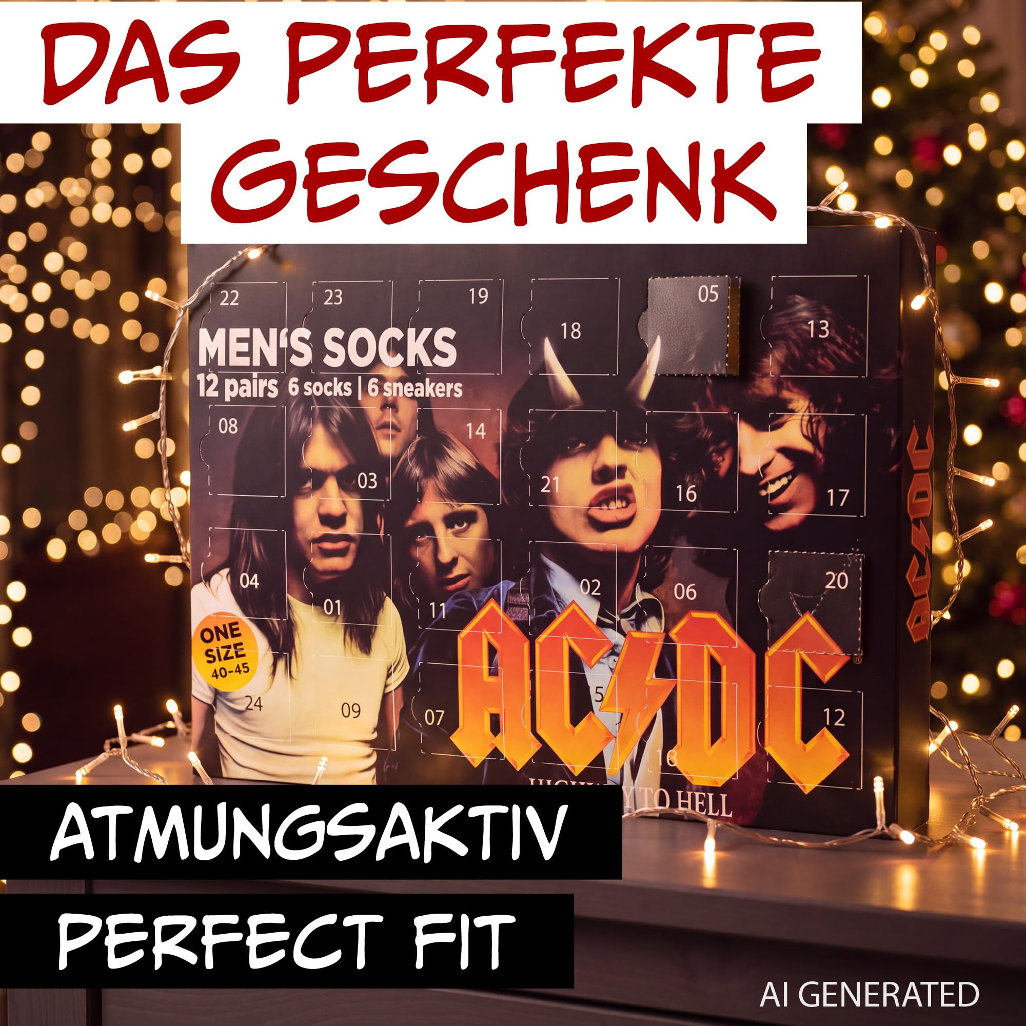Calendrier de l'Avent AC/DC avec 12 paires de chaussettes Taille 40-45 pour homme ACDC Rockband Calendrier de Noël avec baskets et chaussettes longues