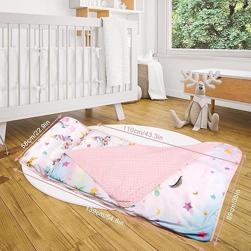 Miniatura 6 de Tapete para siesta para niños pequeños con almohada extraíble y manta suave de lunares Minky Pea Pod Kids de unicornio, bolsas de dormir enrolladas