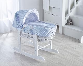 ELEGANT BABY Blue Dimple White Wicker Moses Basket with Deluxe White Rocking Stand, Adjustable Hood, Fibre Mattress & Padded Liner