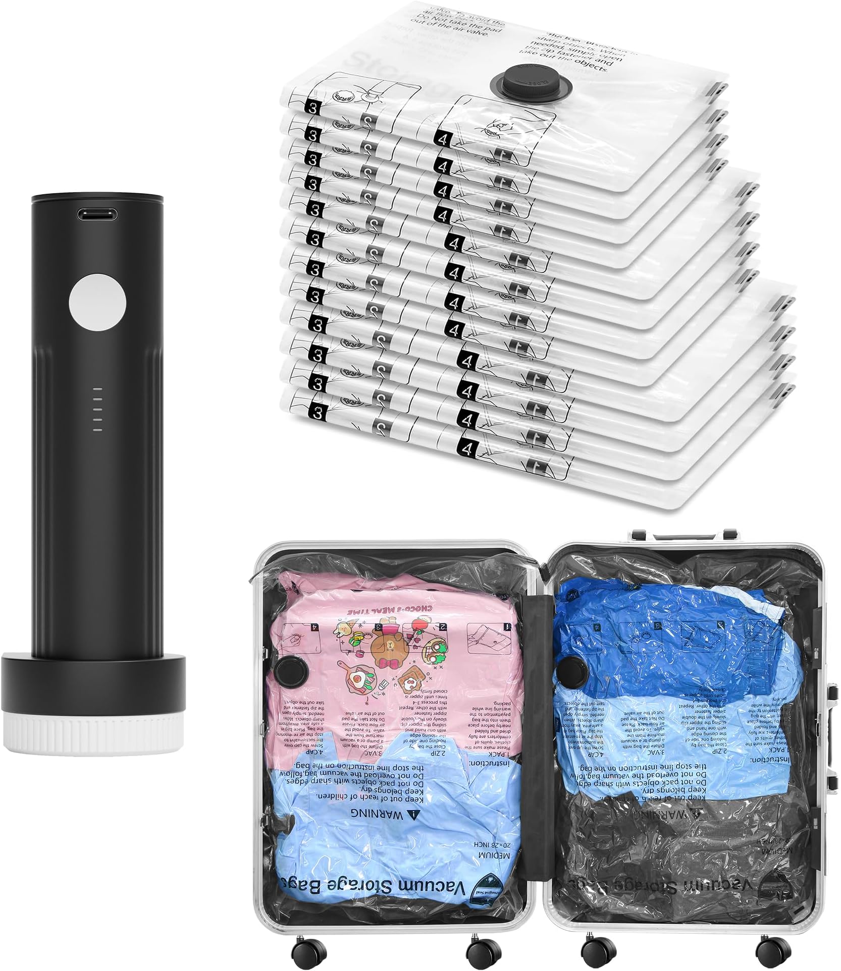 Vacuum Bags for Travel with Rechargeable Pump, 12 Combo (4L/4M/4S) Compression Packing Seal Bags for Luggage Suitcase, Space Saver for Clothing and Clothes Storage Travel