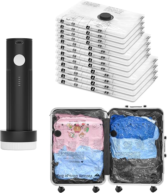 Vacuum Seal Bags for Clothing Travel and Home Storage, Travel Vacuum Bags with Electric Pump, Space Saver Compression Packing Cubes for Luggage Suitcase Bedding Blankets Clothes, 12 Combo