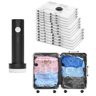 Vacuum Seal Bags for Clothing Travel and Home Storage, Travel Vacuum Bags with Electric Pump, Space Saver Compression Packing Cubes for Luggage Suitcase Bedding Blankets Clothes, 12 Combo - Amazon product rated Grade A