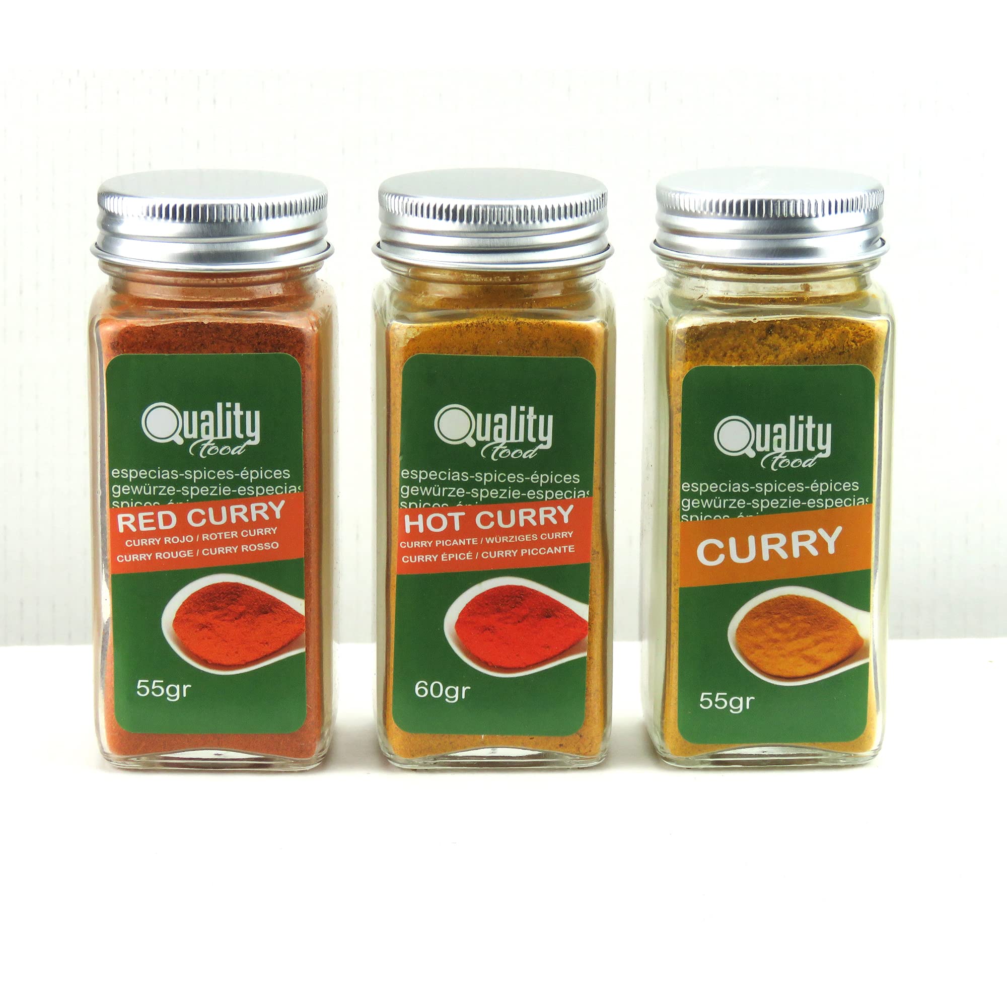 Pack d'épices Masala. Idéal pour cadeaux et l'usage quotidien. 8 bocaux en verre, réutilisables. 5 épices chinoises, Curry doux, piquant et rouge, Garam Masala, Tikka Masala, Tandoori Masala