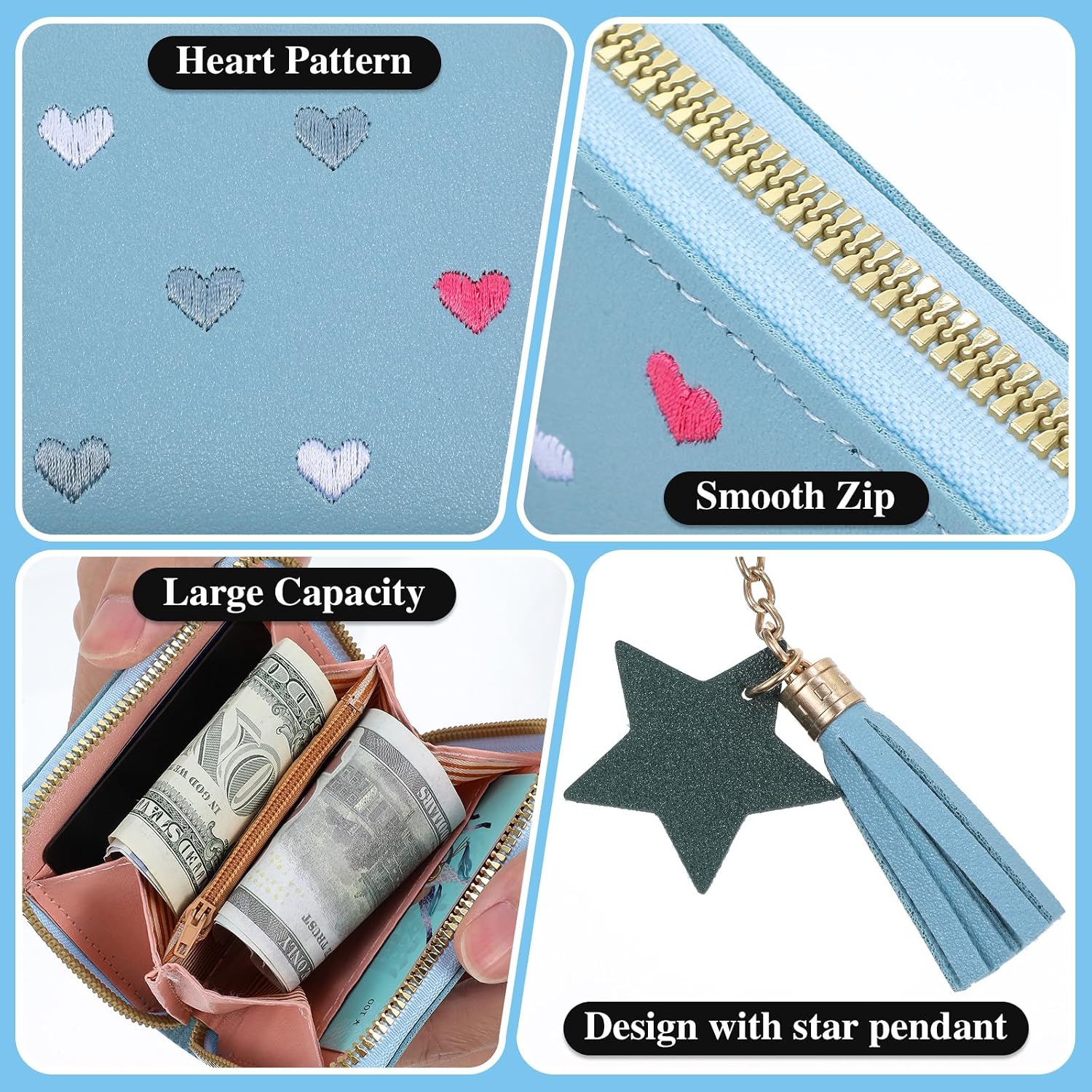Ymapinc Girl Wallet, Blue Cute Little Wallet Women,Small Zipper Wallets for Women, Girls Coin Purse, Small Purse with Card Slots, Star Tassels Pendant