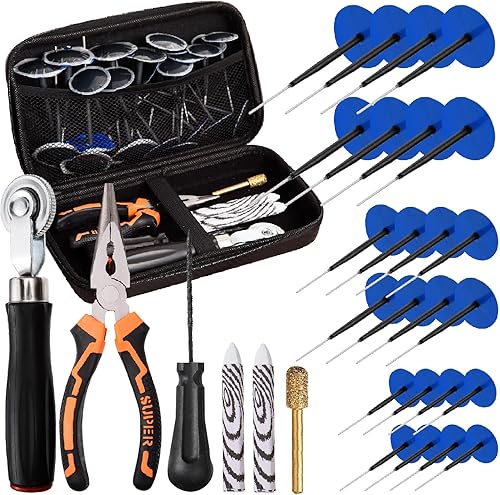 Kit de tapones de reparación de neumáticos, con 3 tamaños de tapones de hongos, rodillo de parche de neumáticos, rueda de pulido, alicates de punta