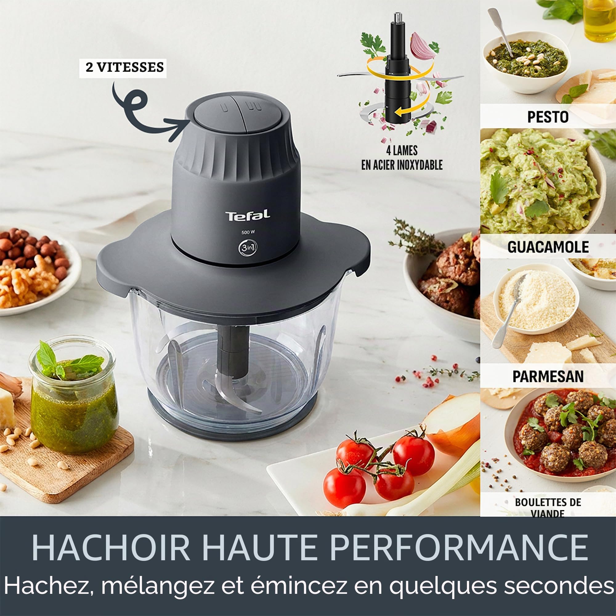 Tefal Choppeo MB603BG1 Hachoir XXL Capacité 2 L Bol en Verre Mini Robot Cuisine Tapis Antidérapant Couvercle de Rangement pour Restes 2 Vitesses 500W Houmous Légumes Gris
