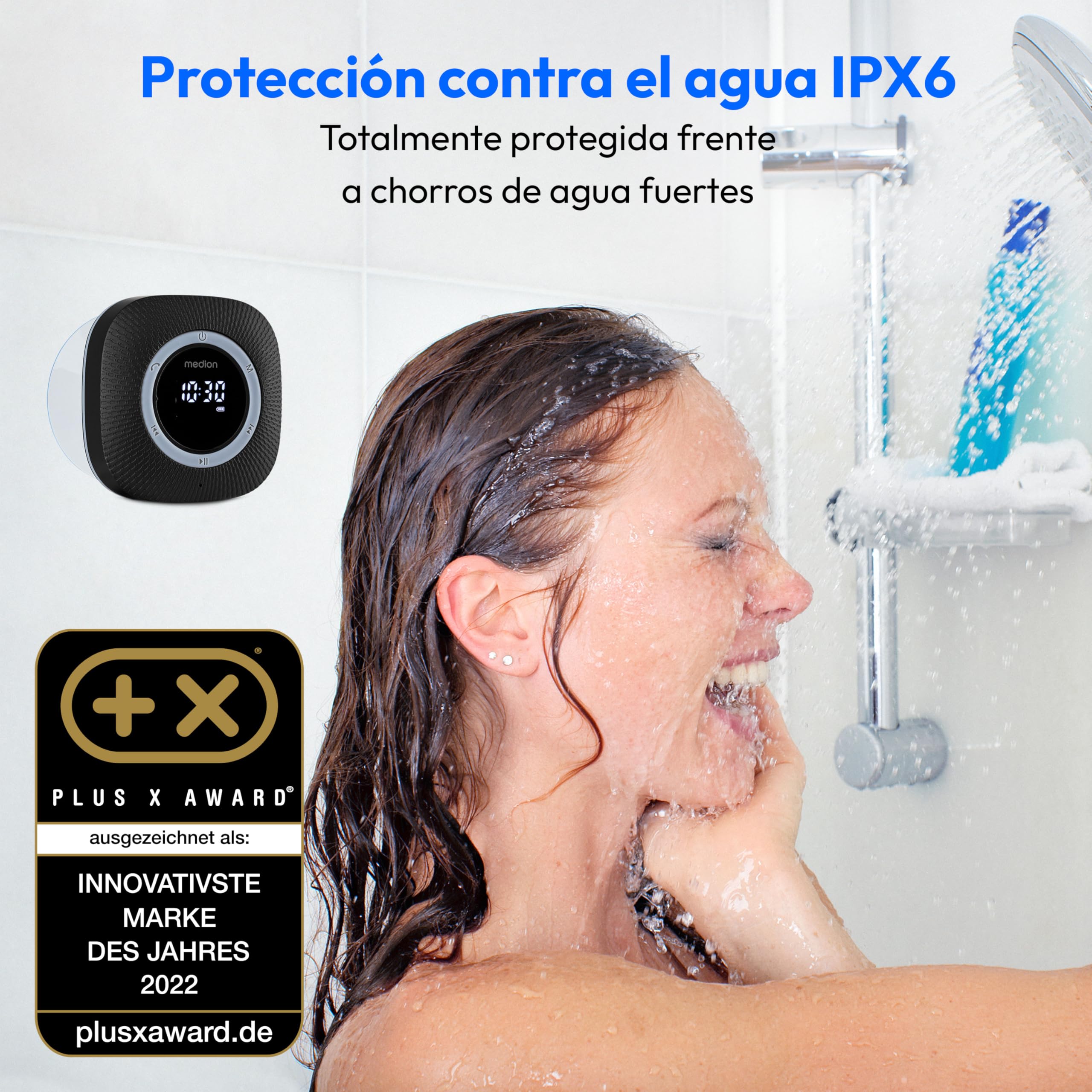 MEDION P66096 Radio de Ducha con Bluetooth (Radio de baño, Radio FM, Ventosa, Pantalla LED, Impermeable IPX6, batería Recargable integrada, MD43884) Negro