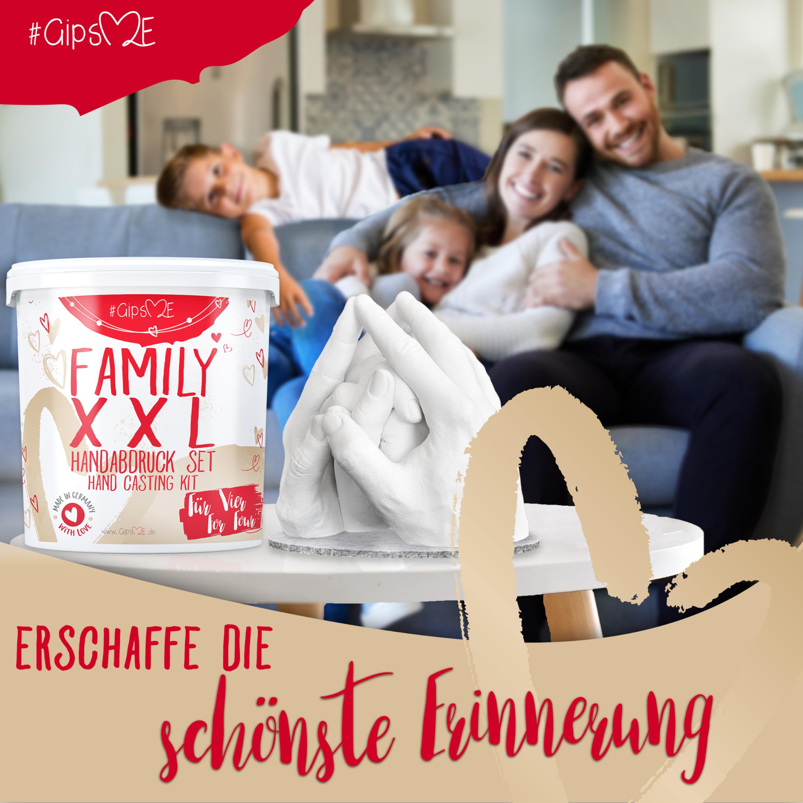 XXL 3D Handabdruck Set Familie Gipsabdruck für 4 Hände + Sockel Made in Germany - Premium Familien Gipsabdruck-Set - Personalisierte Geschenke - Handabdruckset + Video