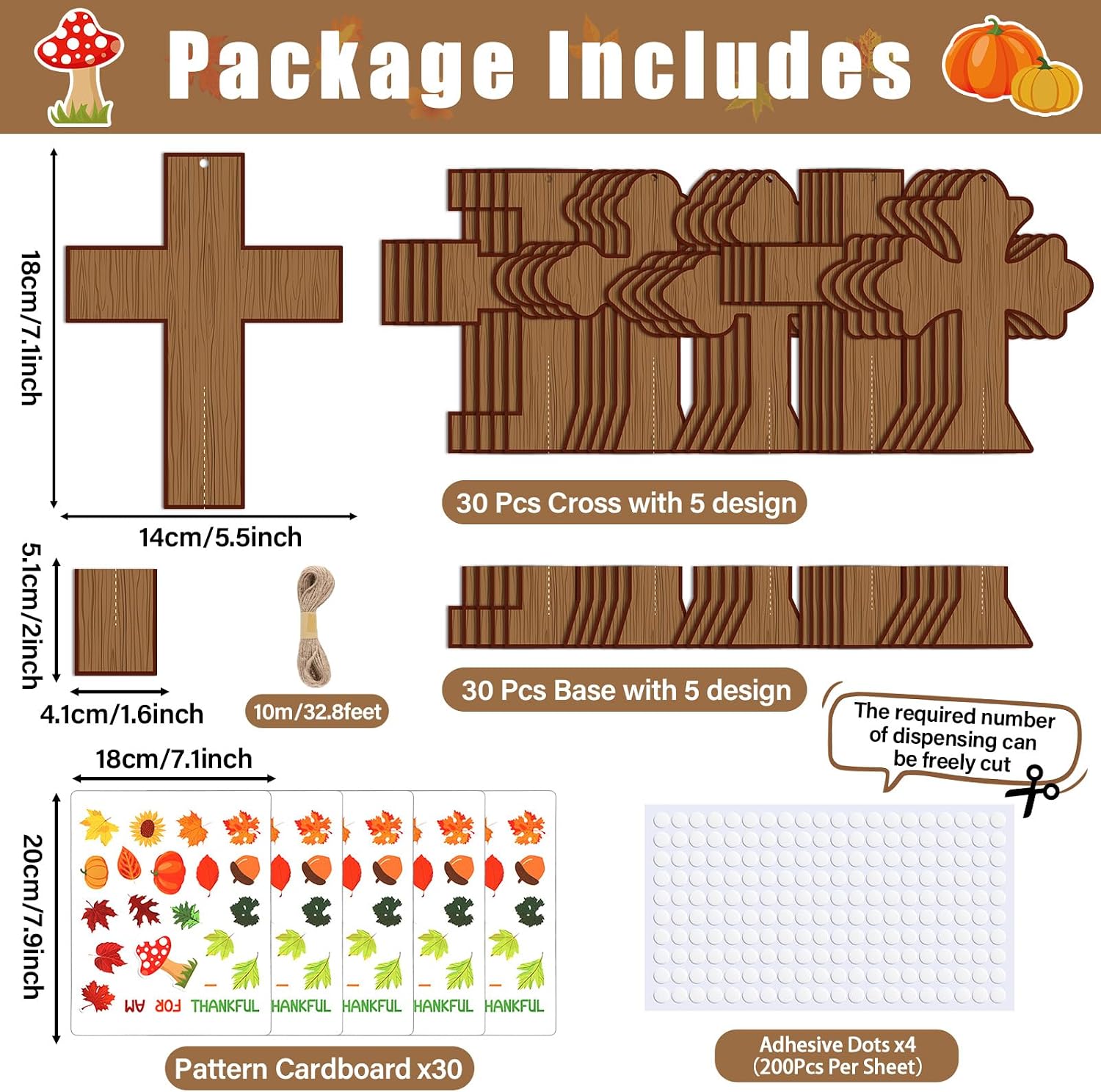 30 Sets Thanksgiving Christian Craft Kit DIY Fall Religious Cross Hanging Ornament Make Your Own Thankful Cross Crafts for Fall Church Autumn Sunday School VBS Class Art Project Home Party Activities