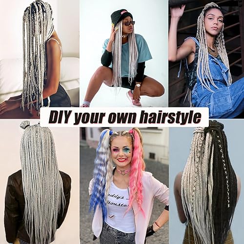 Miniatura 6 de IXIMII Cabello trenzado preestirado de 16 pulgadas, paquete de 3 paquetes de cabello trenzado Kanekalon plateado, trenzas largas y lacias,