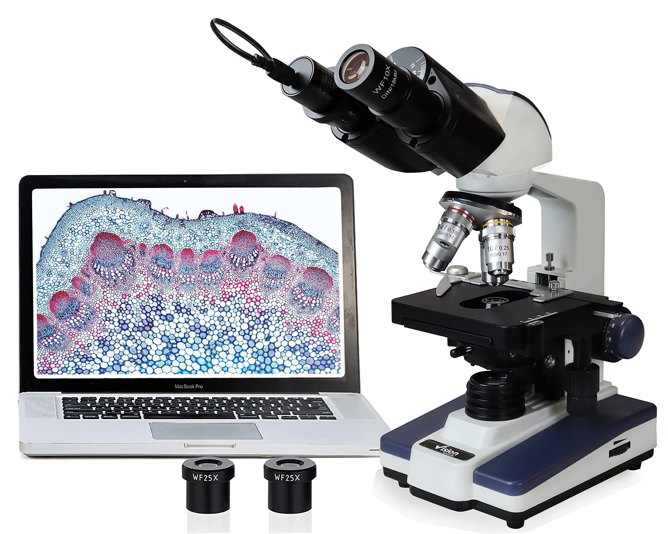 VS-60B-RC-DT1.3 Siedentopf Binocular Compound Microscope, 40X-2500X Magnification, WF 10X and 25X Eyepieces, Double-Layer Mechanical Stage, LED Illumination, 1.3MP Digital Camera