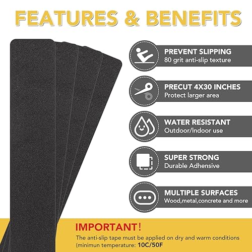 Miniatura 2 de Cinta de tracción antideslizante, paquete de 20 cintas antideslizantes precortadas de 4 x 30 pulgadas para exteriores, adhesivo abrasivo de fricción