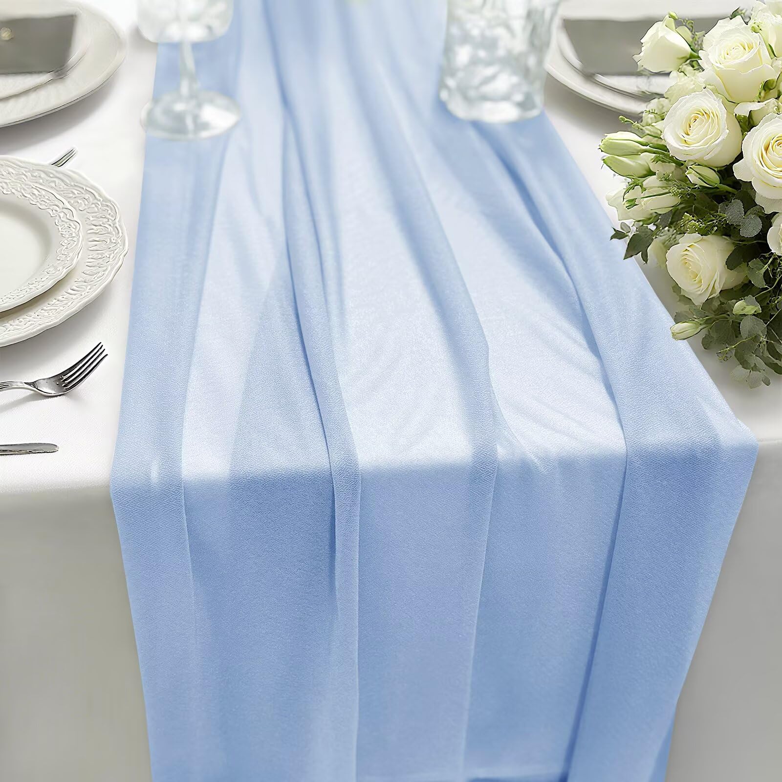 Chiffon Tischläufer Hellblau 70x300cm 6 Stück, Table Runner Stoff Tischdeko, dekoratives Tischband Hochzeit für Hochzeitsdeko, Tischdeko Geburtstag, Babyparty, Küche Tisch Dekoration Drinnen Urlaub