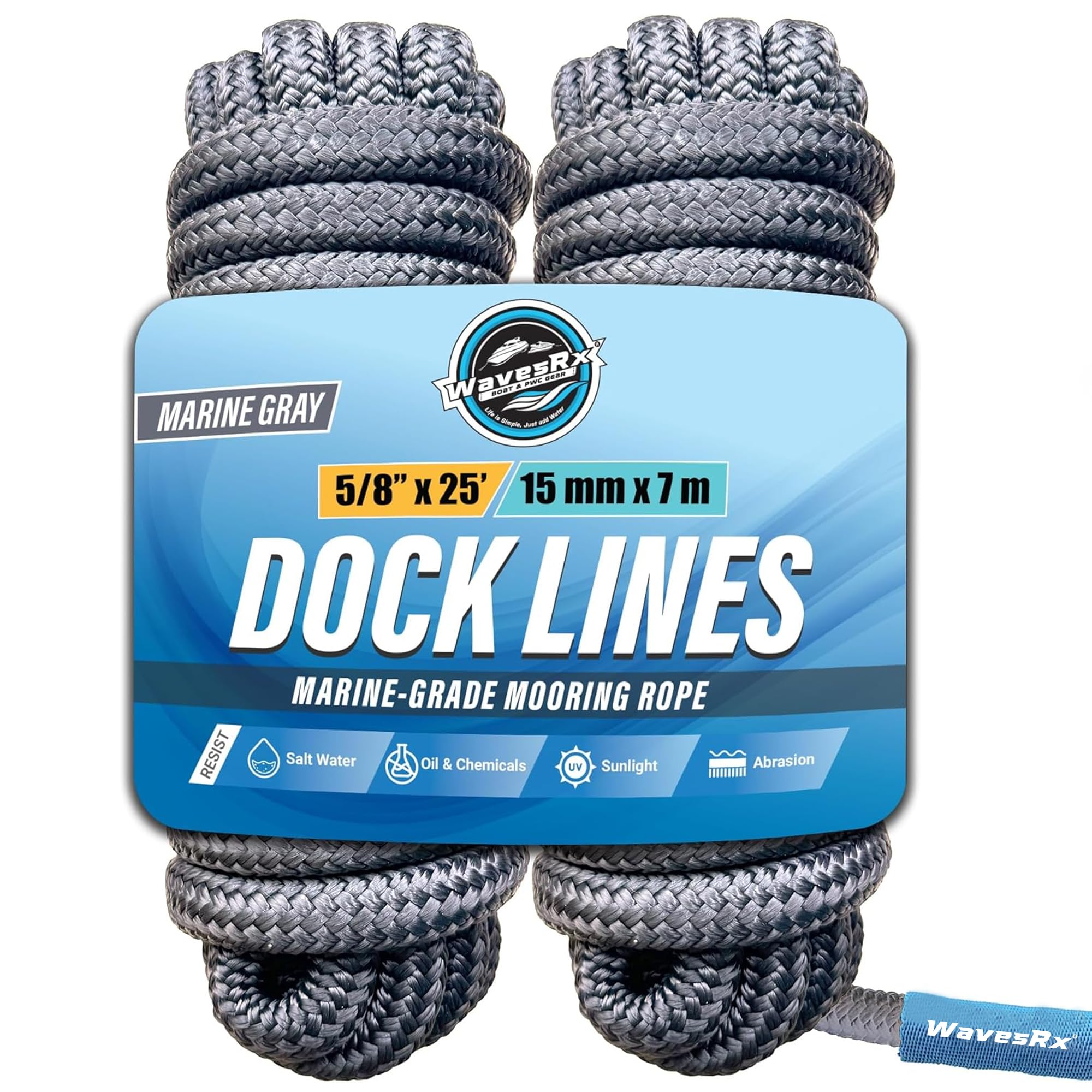 WAVESRX Premium Nylon Boat Dock Lines & Ropes, 5/8'' x 25', Double Braided Marine Rope & Mooring Line, Boat Ropes for Docking with Loop, UV & Saltwater Resistant