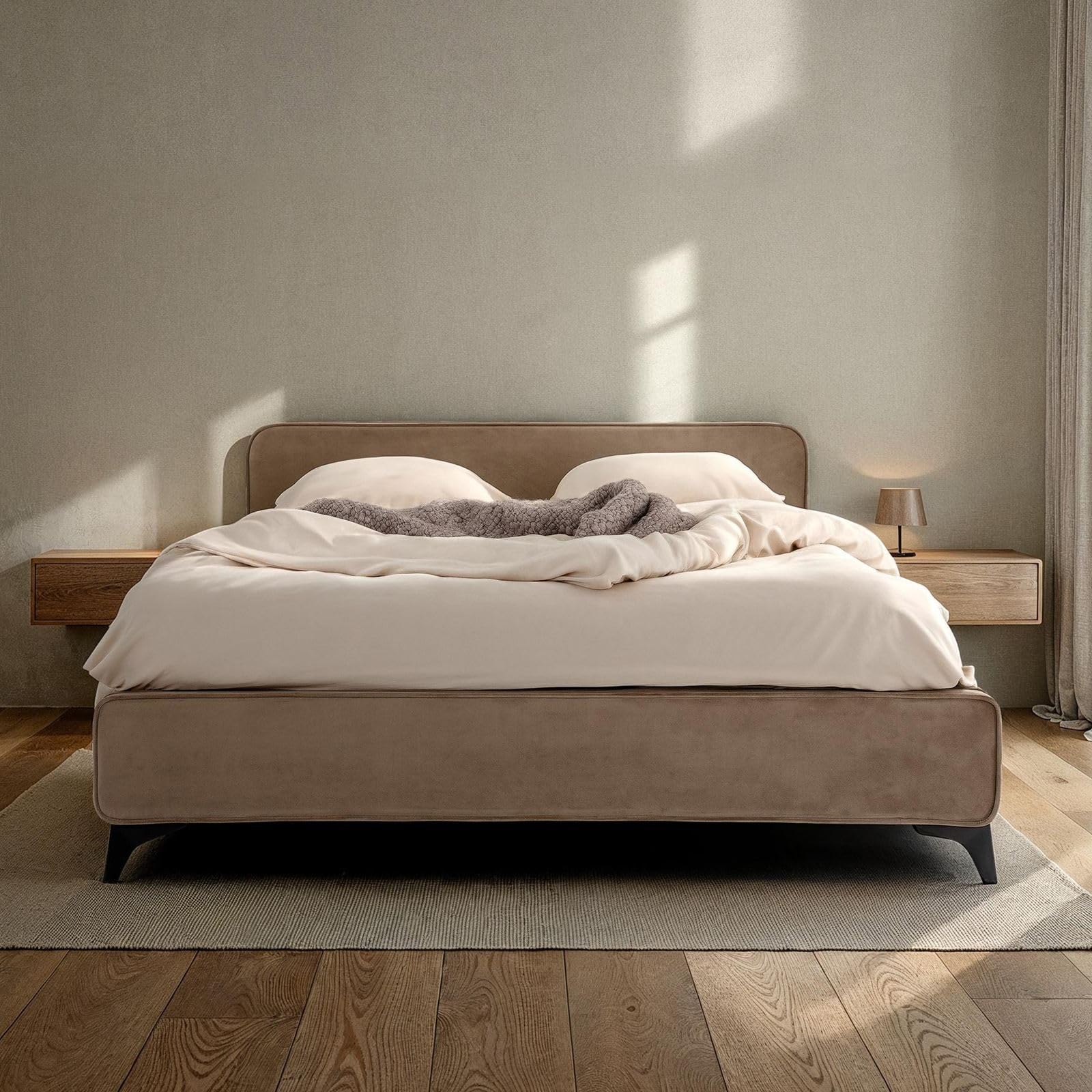 Gestoffeerd Bed 140x200 Met Velours Bekleding - Bedbox En Lattenbodem Greige Comoves