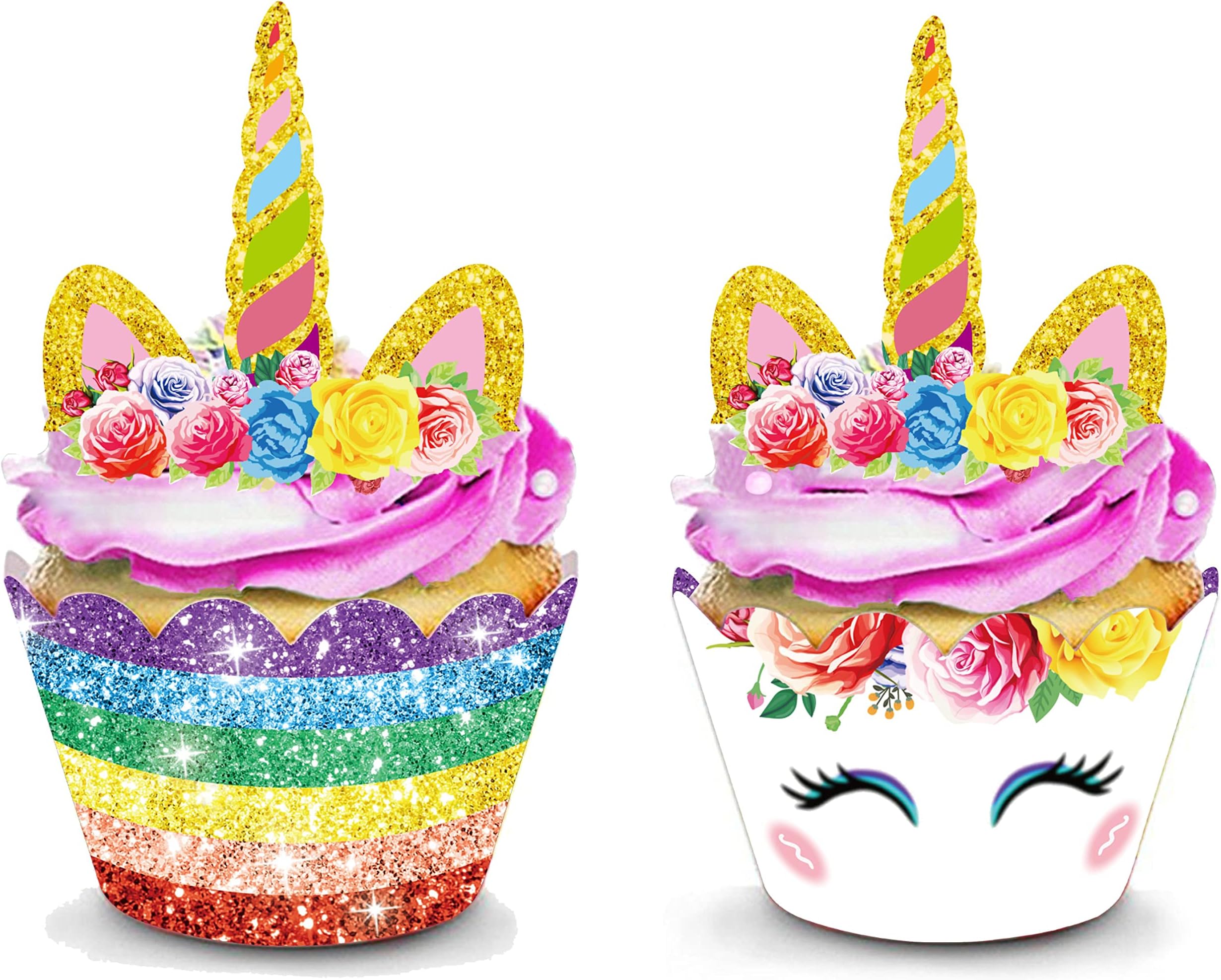 64pcs Unicorn Cupcake Toppers and Wrappers Double Sided for Kids Birthday Baby Shower Theme Party Decorations Supplies Set of 32