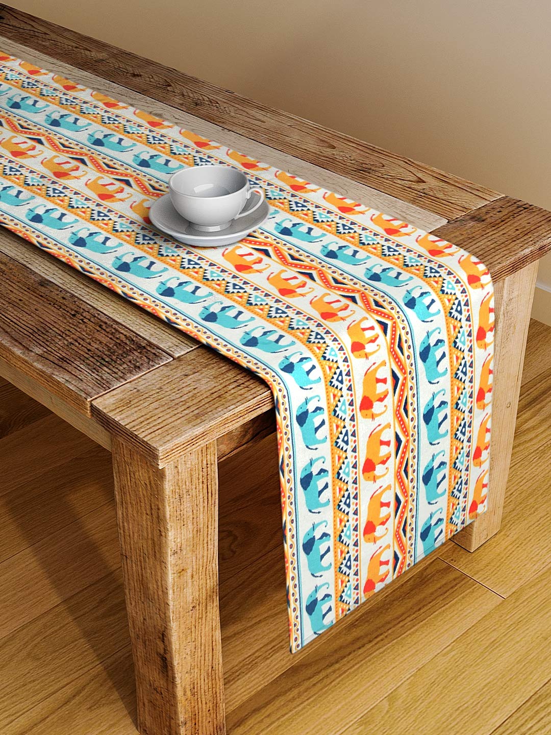 ALINA DECOR Poly Cotton Elephant Pattern HD Printed Washable Runner for Dining Table Runner/for Dining Table 4-6 Seater Table Runner Cloth (Multicolor, 13 Inch X 58 Inch).