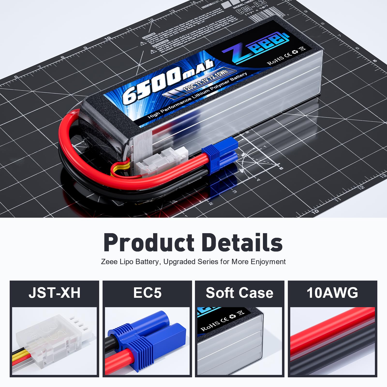 Zeee 3S Lipo 6500mAh 11.1V 120C Softpack-RC Akku mit EC5 stecker für RC-Autos, LKWs, RC-Fahrzeuge, Truggy, Buggy, Panzer, Hubschrauber, Flugzeug, Rennmodelle (2 Stück)