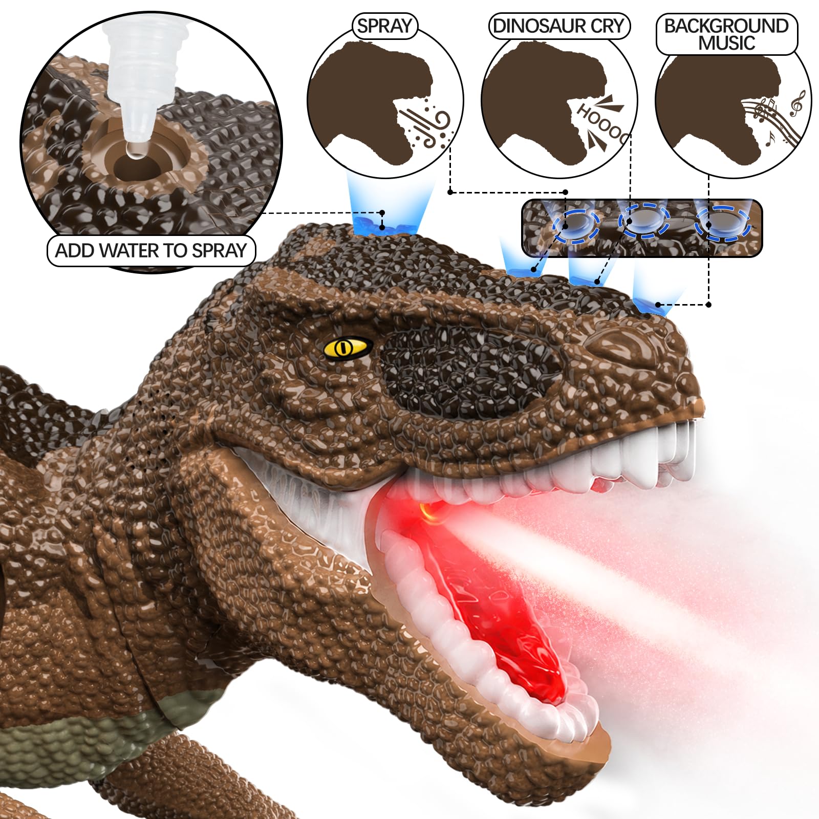 Juguetes De Dinosaurios para Niños De 3 A 8 Años, Gran T-Rex con Almacenamiento Oculto, Set Completo con Figuras, Niebla Realista, Luces Y Sonidos, Movimiento Deslizante, Marrón