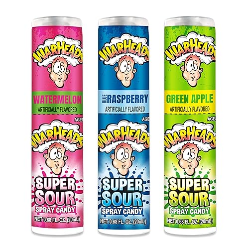ojivas Super Sour Candy Spray Botellas, Sampler, Bundle, (.68 oz. Botellas), color azul de frambuesa, Manzana y sandía