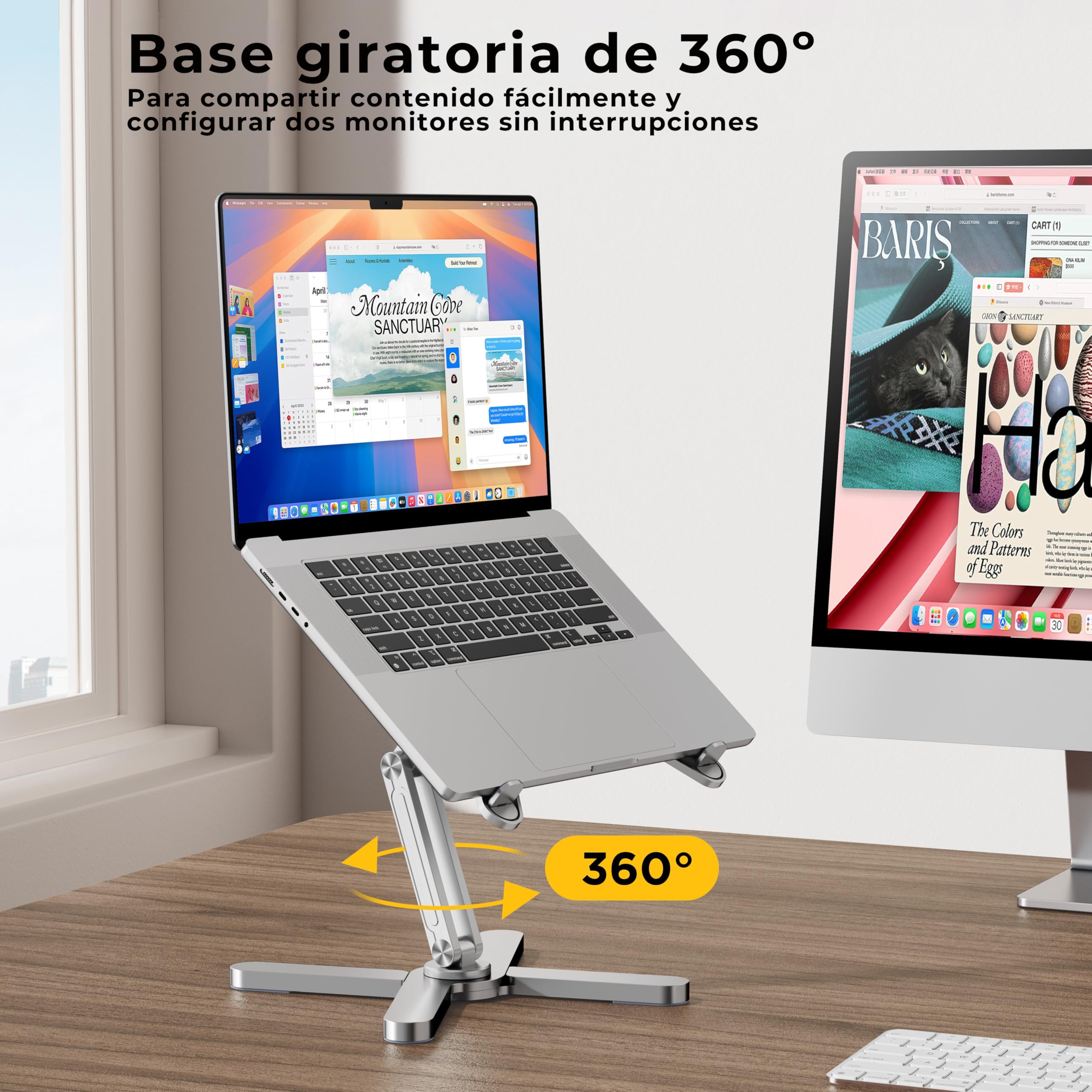 FoldWise X Soporte para Portátil de Escritorio 100% Aluminio, Base Giratoria 360°, Plegable, Altura y Ángulos Ajustables Elevador de Portátil Robusto y Portátil, Compatible con Portátiles de 11 a 18”