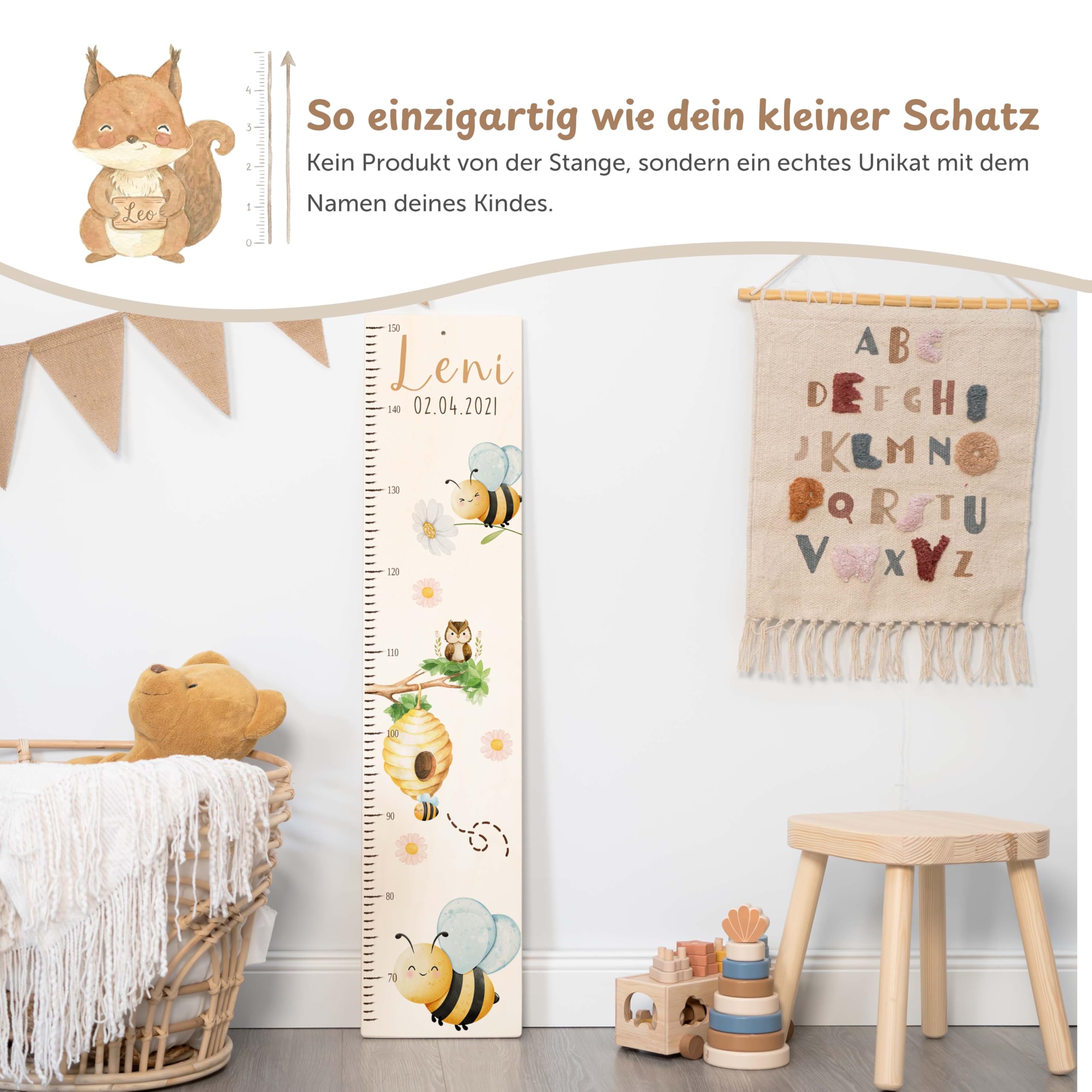 Kidsmood - Personalisierte Messlatte Kinder aus Holz – Hochwertige Messleiste & Wand-Deko für Baby- & Kinderzimmer mit zauberhaftem Biene – Tolles Taufgeschenk für Mädchen & Jungen - Skala 65-140cm