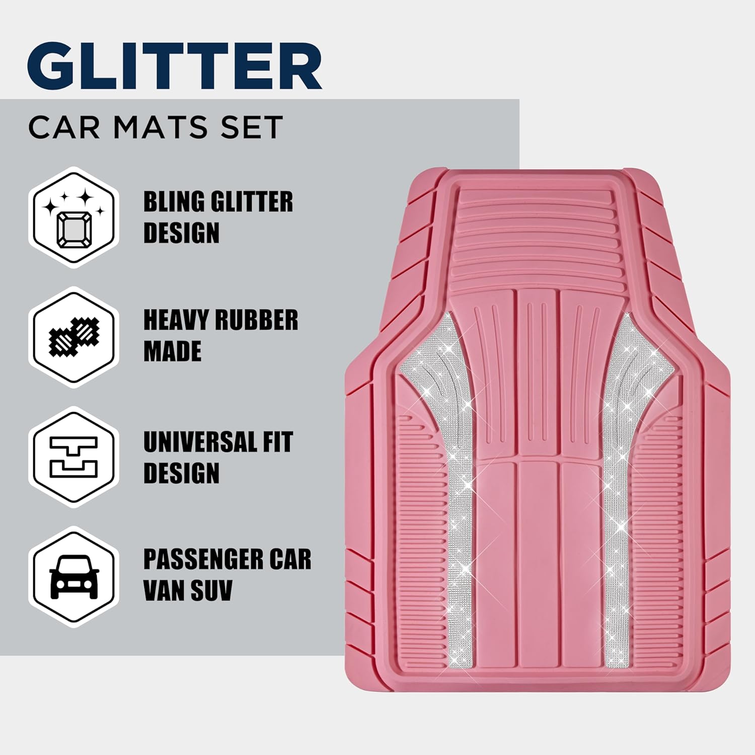 PIC AUTO Bling Rubber Floor Mats, Sparkly Glitter Pink Car Mats Set, Heavy Duty All Weather Waterproof Mats Pad for Girls & Women Universal Fit for Automotive SUV, Sedan, Van