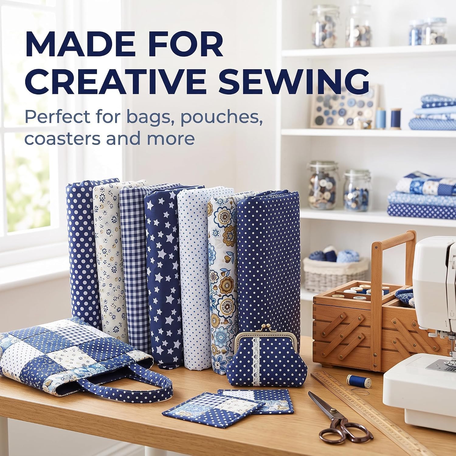 14pcs 10" x 10" (25cm x 25cm) Top Cotton Craft Fabric Bundle Squares Patchwork DIY Sewing Scrapbooking Quilting Floral Dot Pattern Dark Blue Fabric