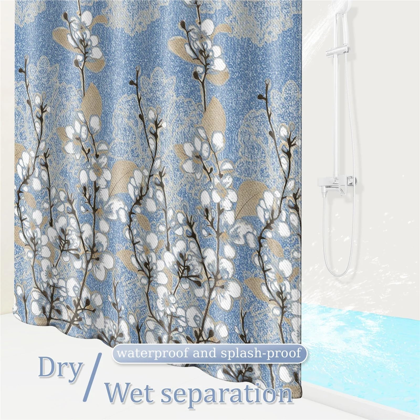 Cortina de Ducha Cortina de Ducha, Tela poliéster Secado rápido Duradera for baño con Flores Blancas(150 * 180cm)