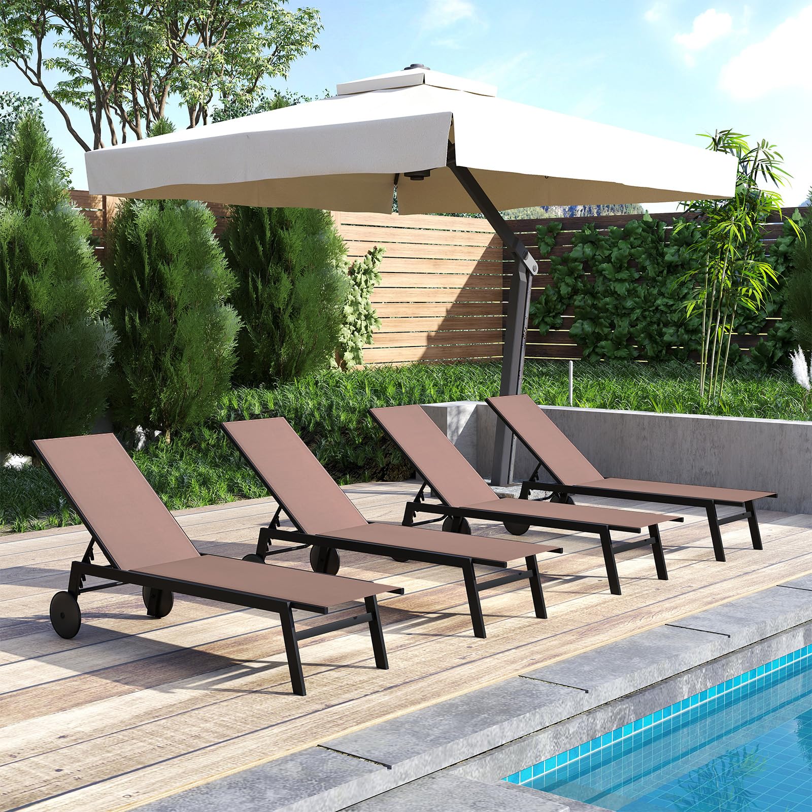 COSTWAY 1/2 Tumbonas Jardin Exterior con Ruedas, Tumbona Reclinable, Respaldo Ajustable en 6 Posiciones, Textilene, Espreguiçadeira Jardim Piscina Terraza Playa (café,2)