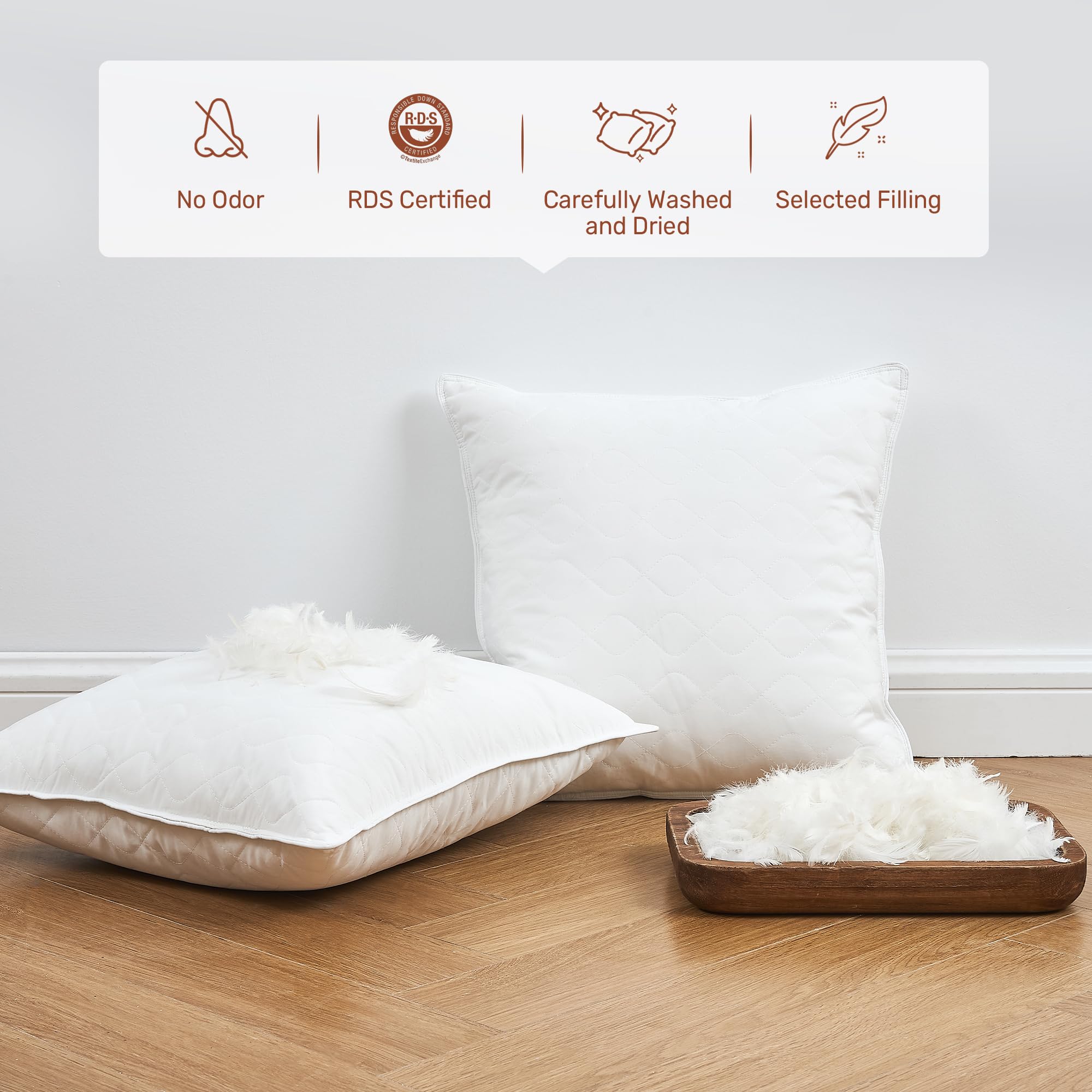 Deodar Oreillers Duvet et Plumes d'oie 65x65 cm Lot de 2 Blanc | Soutien moelleux nuque et tête · Gonflant durable · Respirant toute saison · Confort doux · Certifié Oeko-Tex & RDS