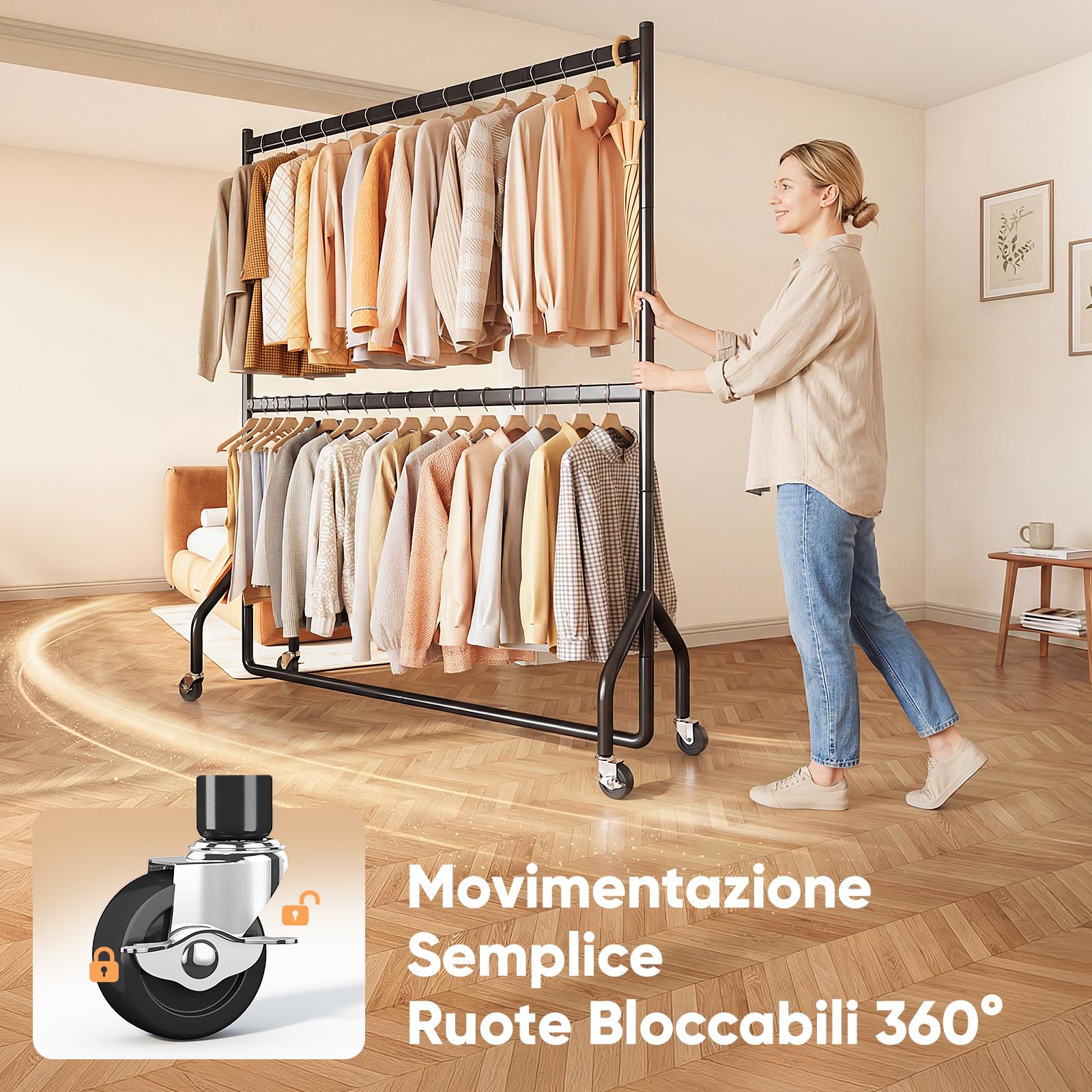 HOKEEPER Portavestiti Doppio Resistente a Carichi Pesanti con Grande Capacità, Organizzer di Armadio con Ruote per Boutiques, Camera da Letto, Lavanderia - 180cm