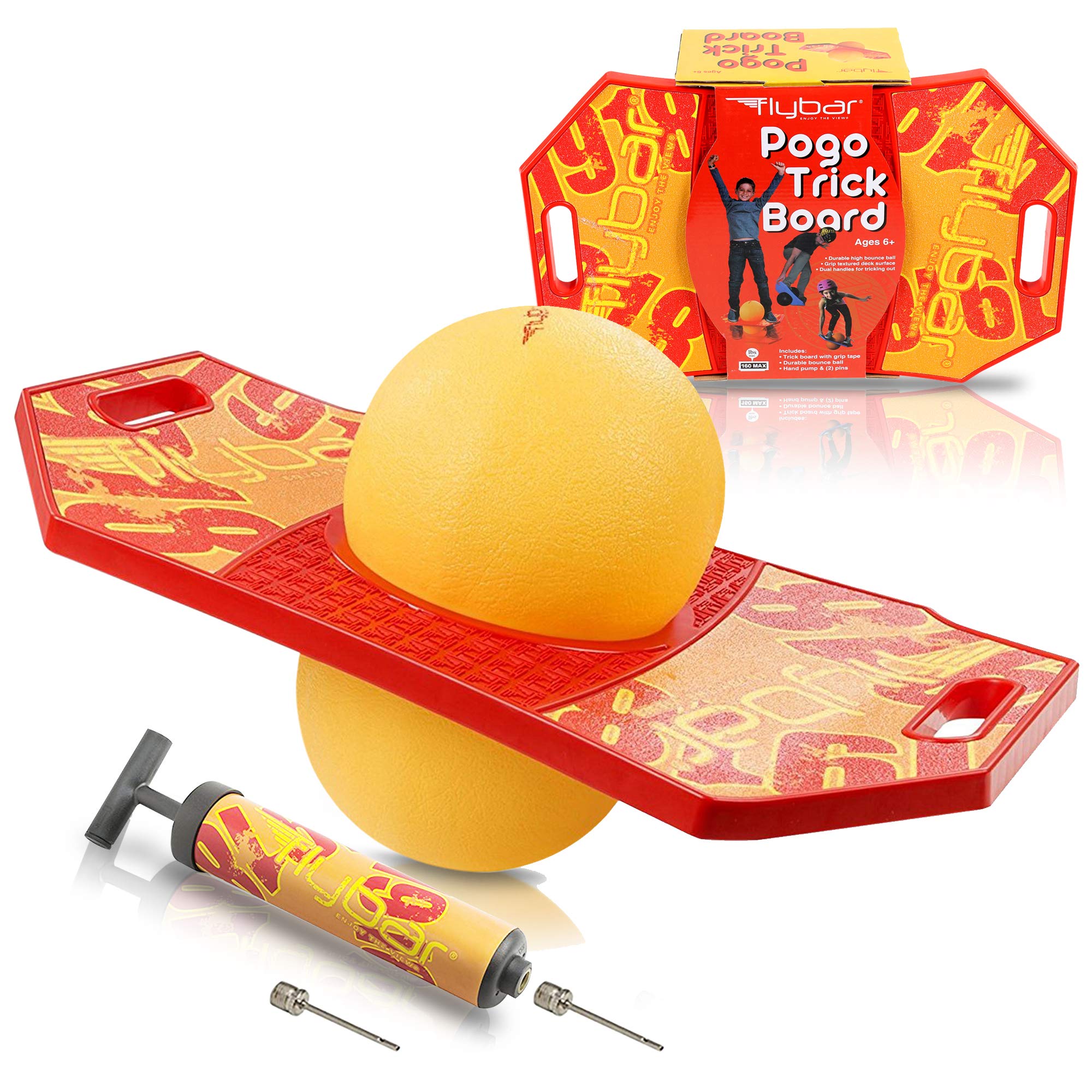 flybar pogo ball for kids, jump trick bounce board with pump and strong grip deck