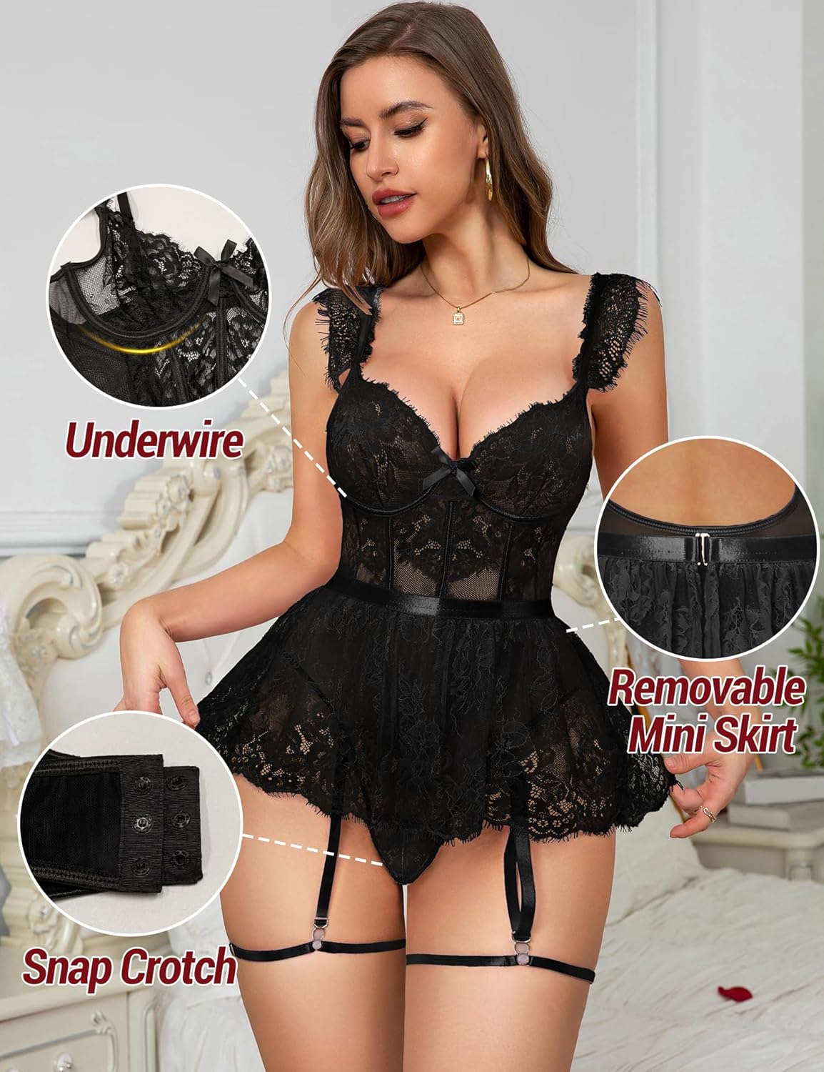 Women Lingerie Set Naughty Lace Bodysuit Underwire Babydoll with Garter Corset rave outfits - Image 3