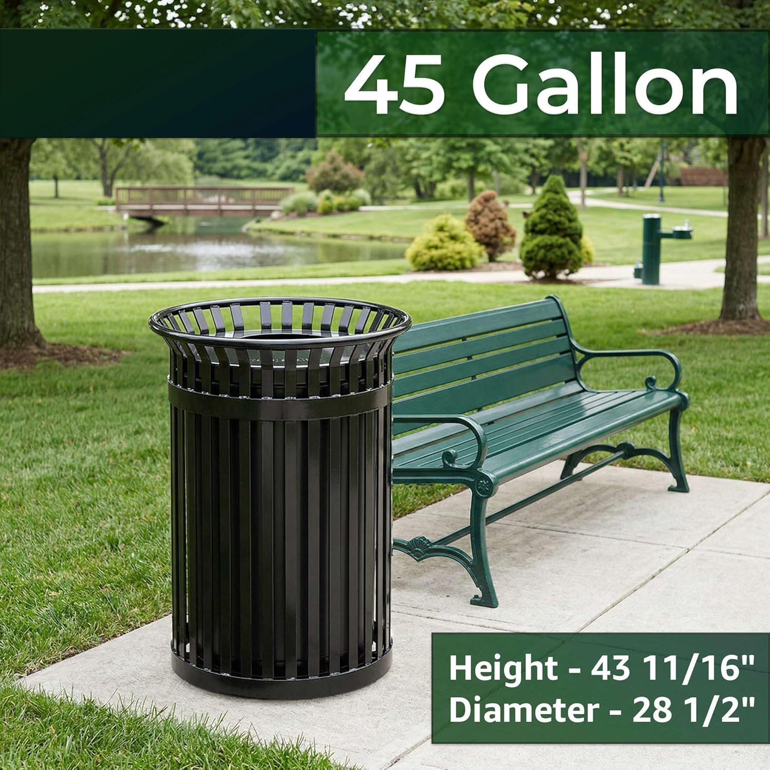 45 Gallon Commercial Heavy-Duty Trash Can - Outdoor Steel Slatted Waste Receptacle with Flat Lid and Rigid Plastic Liner, Round Receptacle for Parks, Schools, Beaches, Malls, and Municipalities