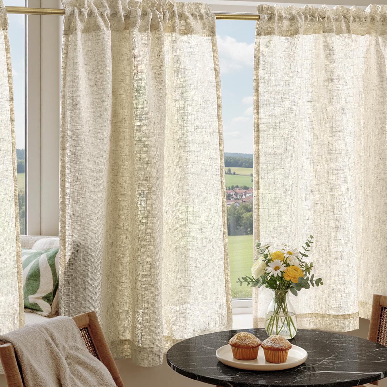 TOPICK Tenda Per Finestra In Lino E Poliestere Con Stampa Floreale - 125x40 Cm, Semitrasparente, Verde Su Beige, Per Cucina, Soggiorno E Bagno, Rustico