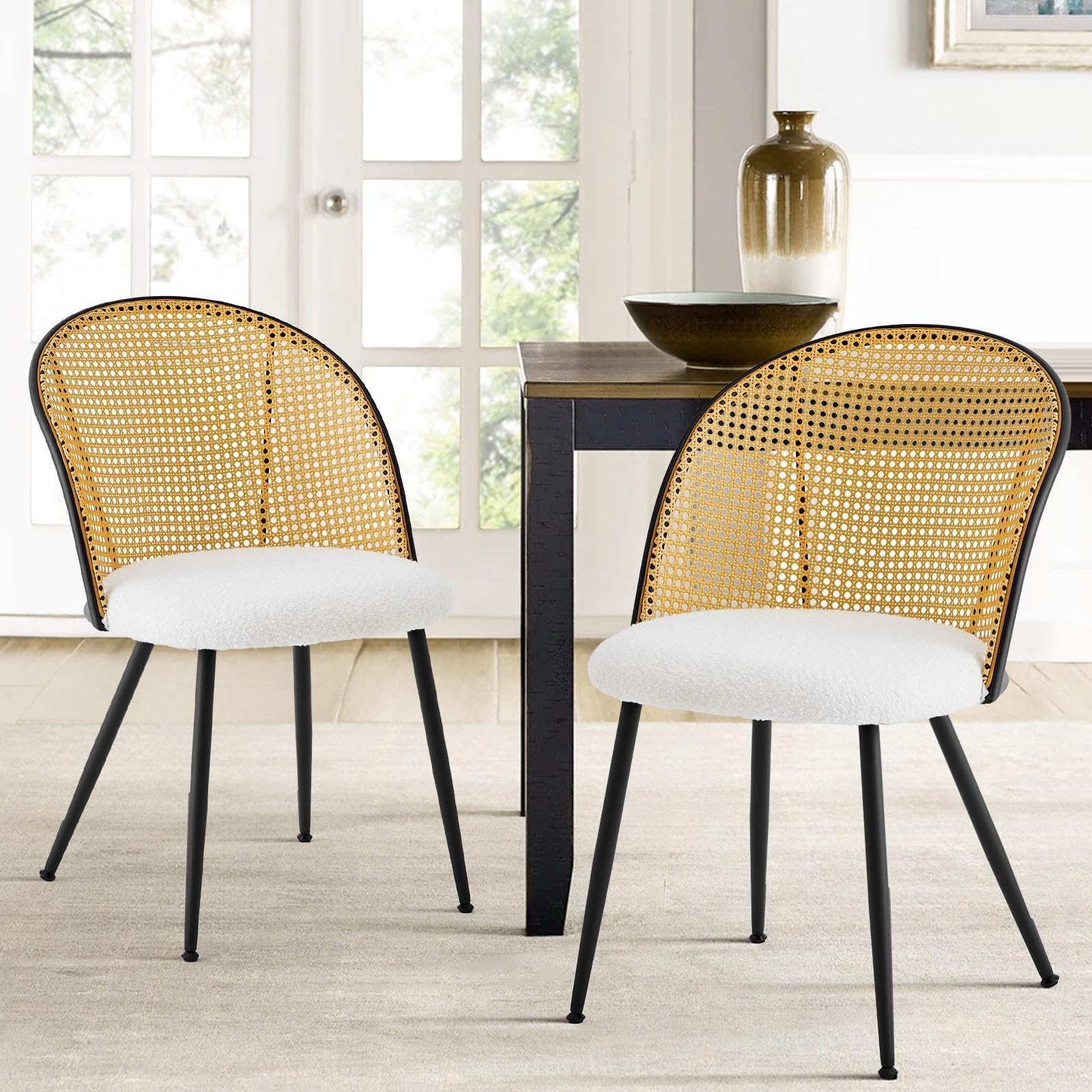 Bar Stools Set of 2, 360° Swivel Rattan with Metal Legs, Mid Century Modern Upholstered Kitchen Island and Outdoor Bar Chairs