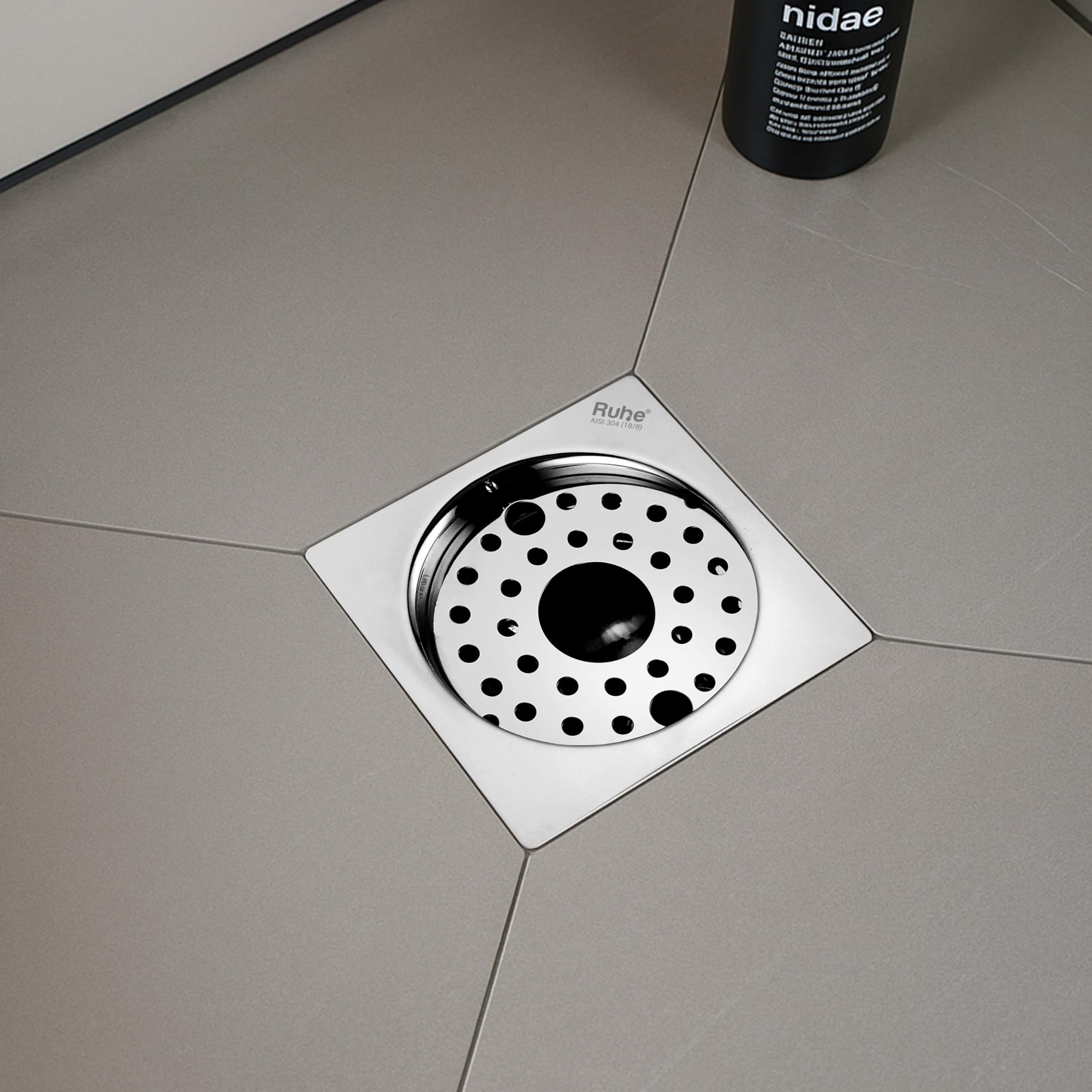 Ruhe® Air Flat Cut Square Floor Drain | 304-Grade Stainless Steel Floor Trap | 5 x 5 inches | Floor Drain with Cockroach Trap/Jali, Lock & Hole