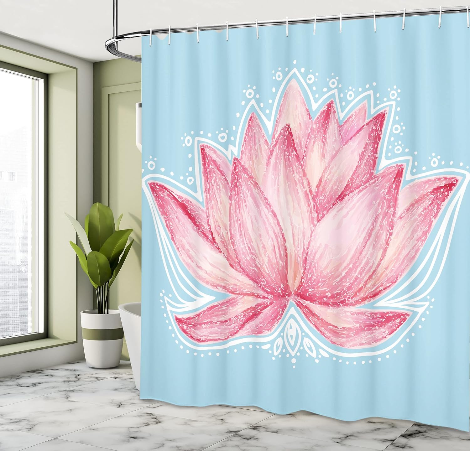 Ambesonne Lotus Shower Curtain, Illustration of a Lotus Flower Pattern with Botanical Design Inspired by The Gardening Theme Art, Fabric Bathroom Decor Set with Hooks, 69" W x 70" L, Pink Pale Blue