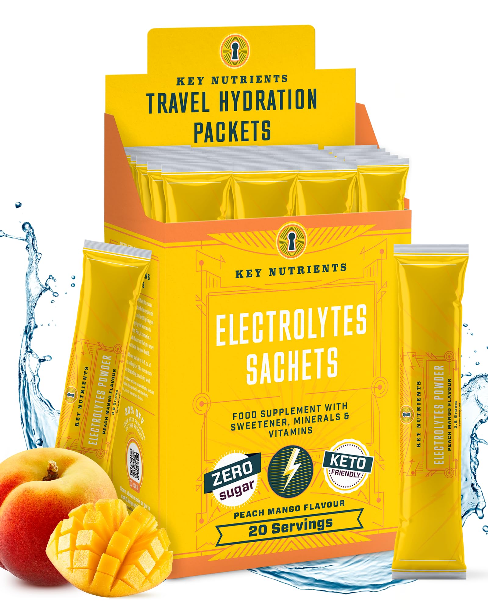KEY NUTRIENTSElectrolytes Sachets - Multivitamin & Minerals Electrolytes Powder 20 Servings of Tropical Peach Mango - Hydration Sachets - Supercharged Rehydration Sachets with 16 Vitamins & Minerals