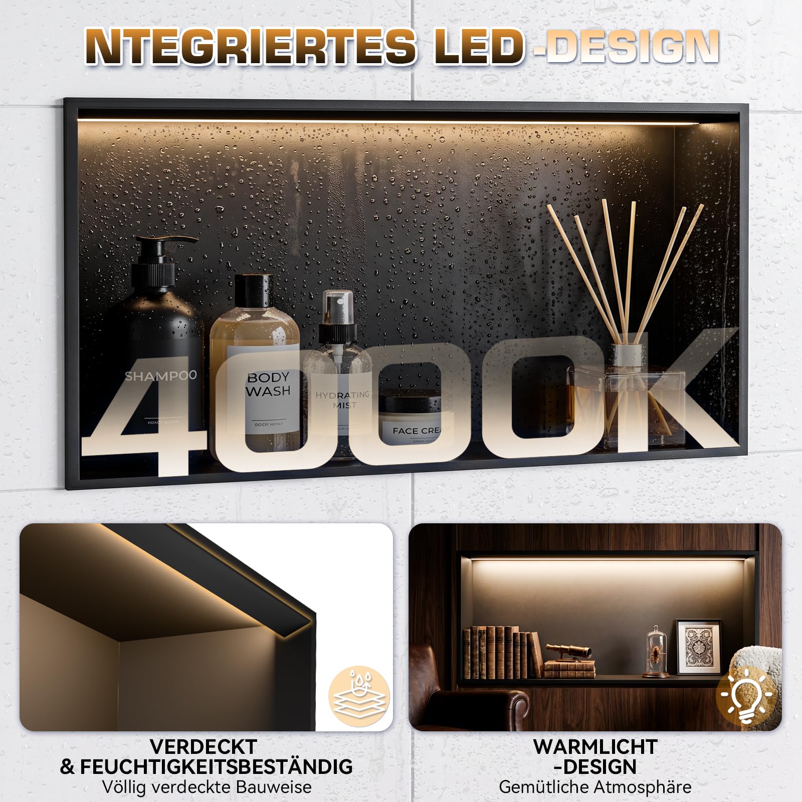 Ducha de 60 x 30 cm, nicho de pared de acero inoxidable 304, nicho de ducha empotrado con iluminación LED y transformador, resistente al agua, nicho de pared, ducha, estante individual, almacenamiento