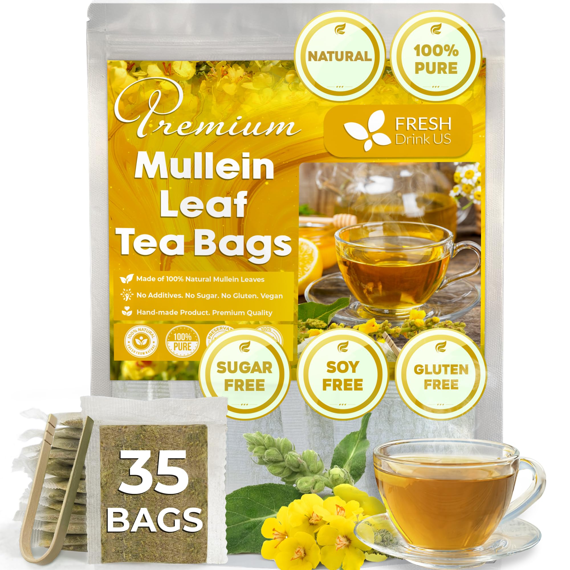FRESHDRINKUSPremium 35 Mullein Leaf Tea Bags For Lung, 100% Natural & Pure from Mullein Leaves. Loose Leaf Mullein Herbal Tea. Made with Natural Material Tea Bags. No Sugar, No Caffeine, No Gluten, Vegan.